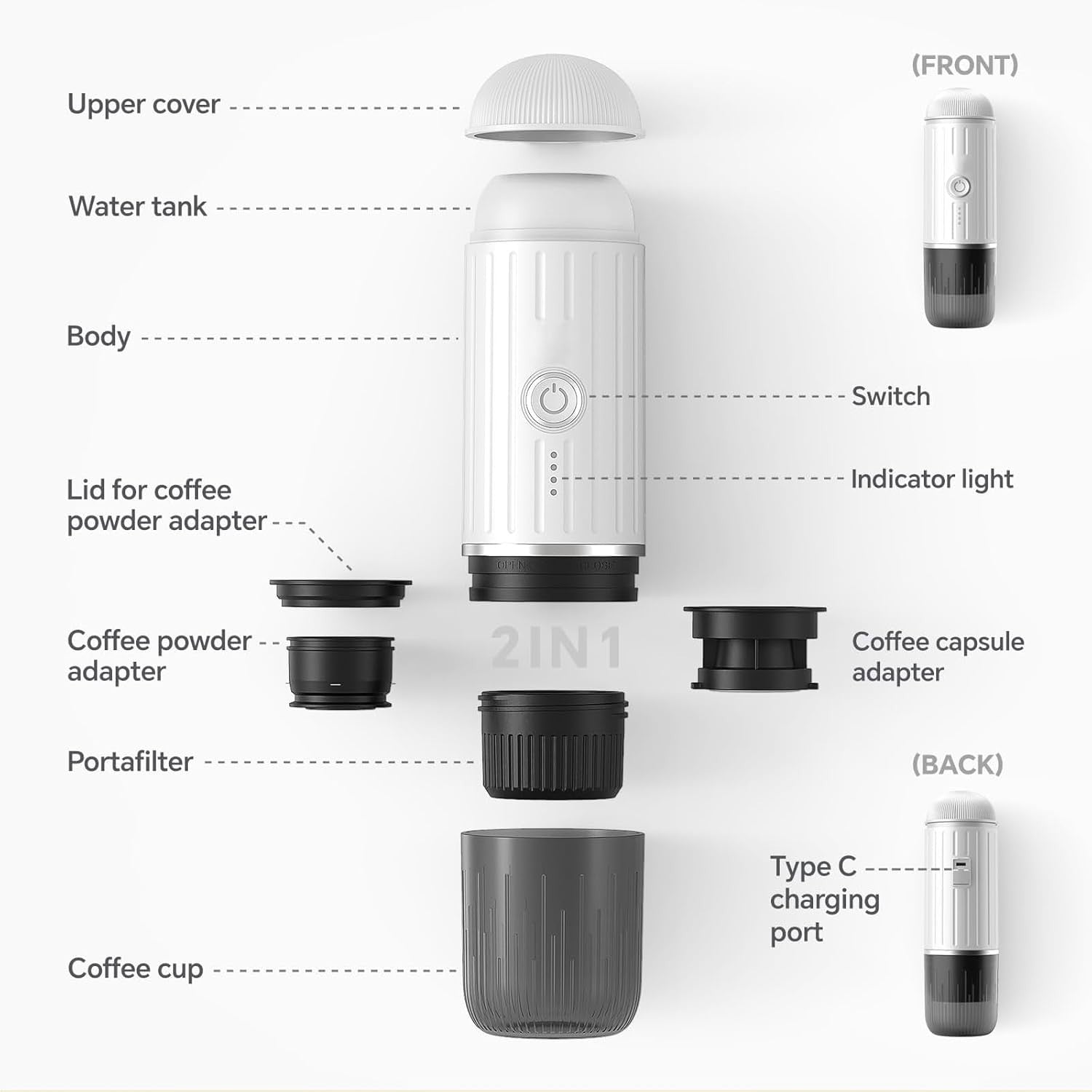 Portable 12V Espresso Maker Travel Coffee Machine 19Bar Self-Heating White Color