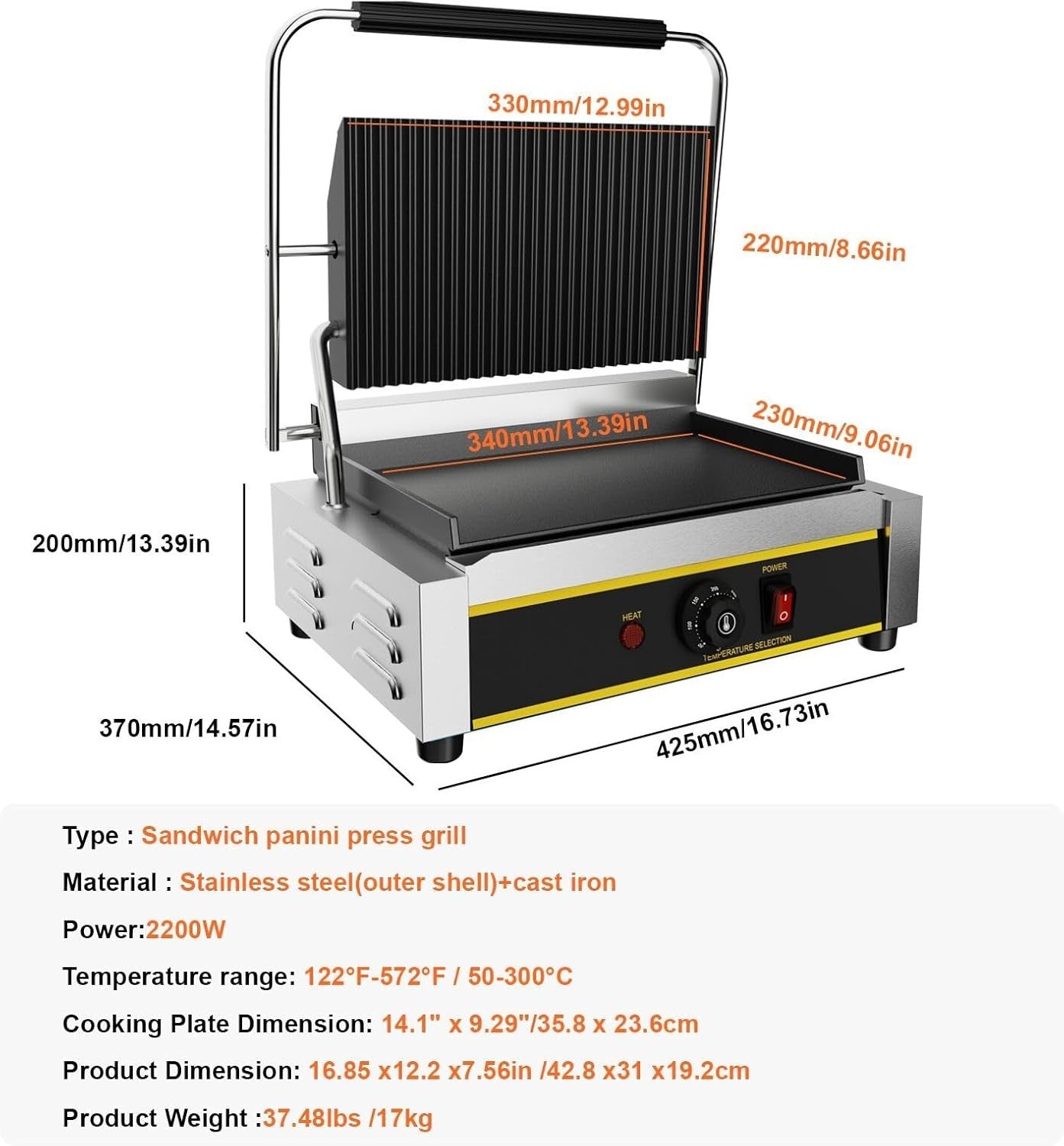 Commercial Panini Press 42.8x31x19.2cm Cast Iron Grill Sandwich Maker single rib