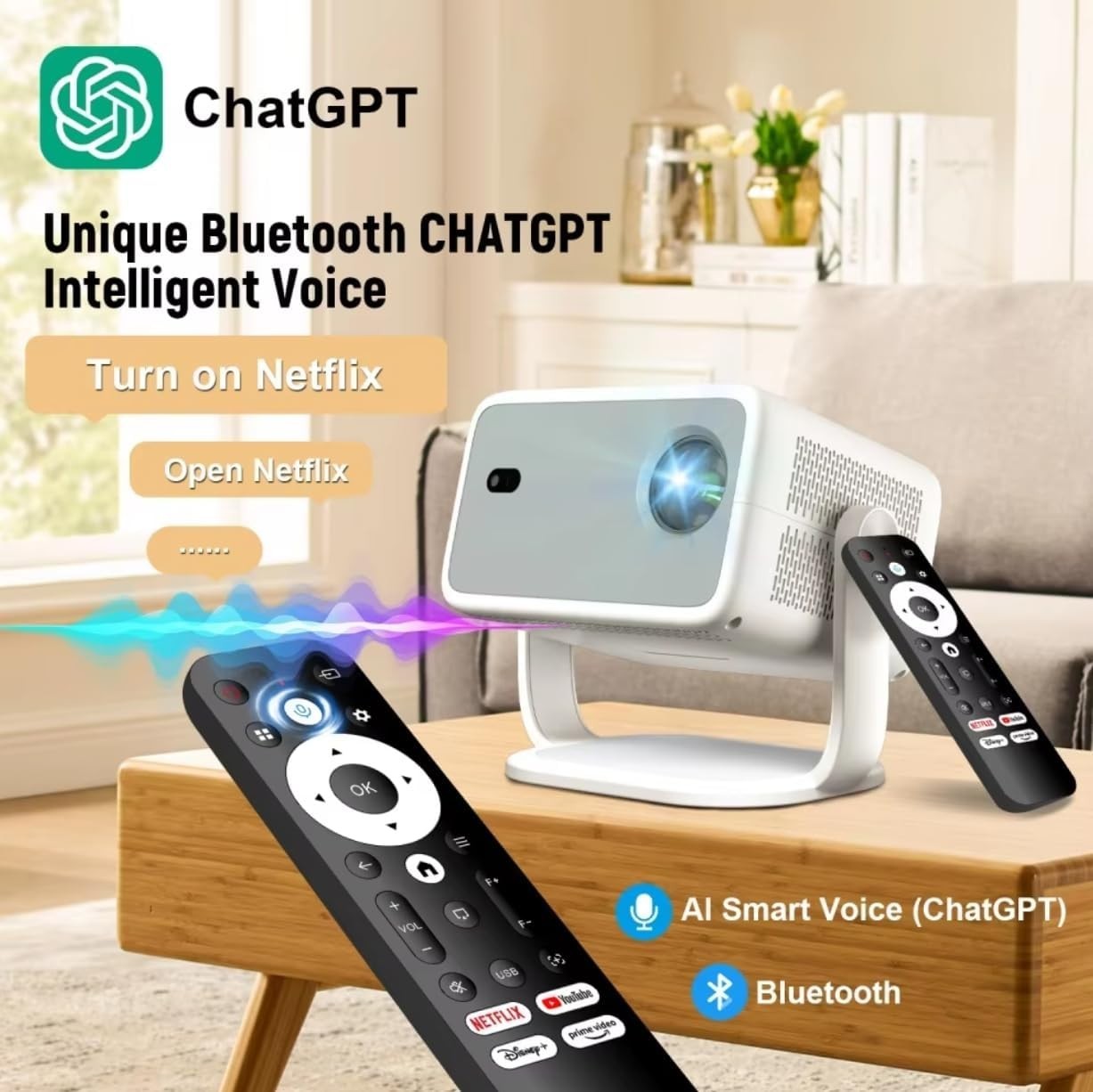 Smart 1080P Projector 4K WiFi 6 Bluetooth Netflix Auto Focus 120°