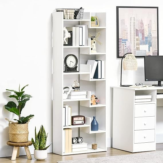Tall 6-Tier Modern Bookcase with 11 Open Shelves Slim Freestanding Shelf White