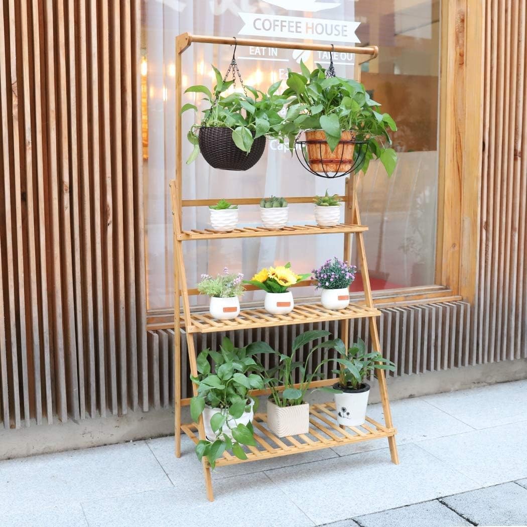3 Tier Bamboo Plant Stand with Hanging Bar | Foldable Indoor Outdoor Ladder Shel