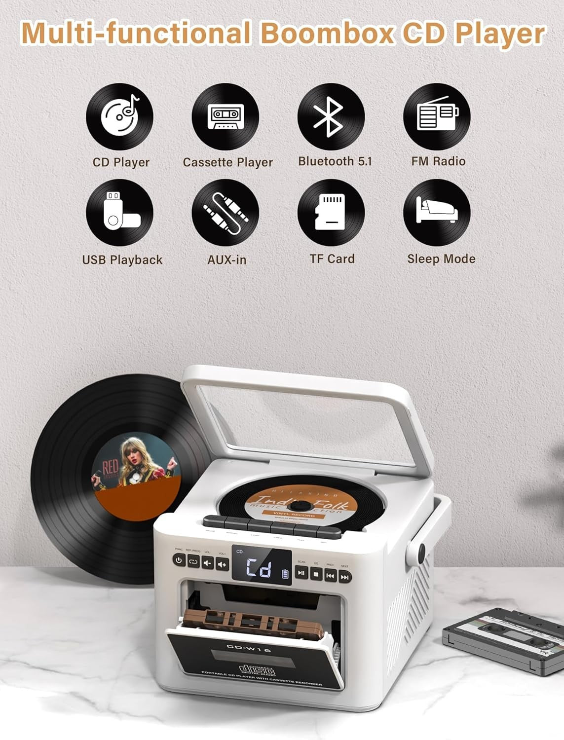 Boombox CD Cassette Player Bluetooth FM Radio USB AUX Rechargeable