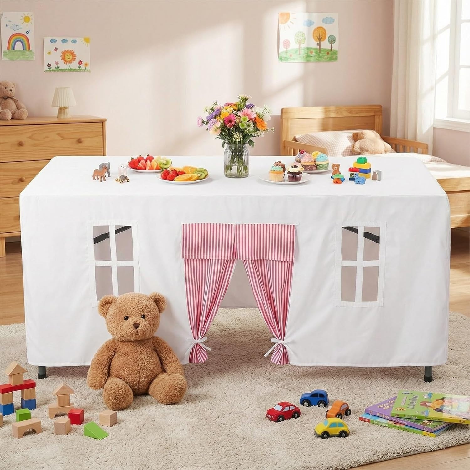 Kids Table Fort Tent Cover Indoor Outdoor Playhouse Tablecloth Pink