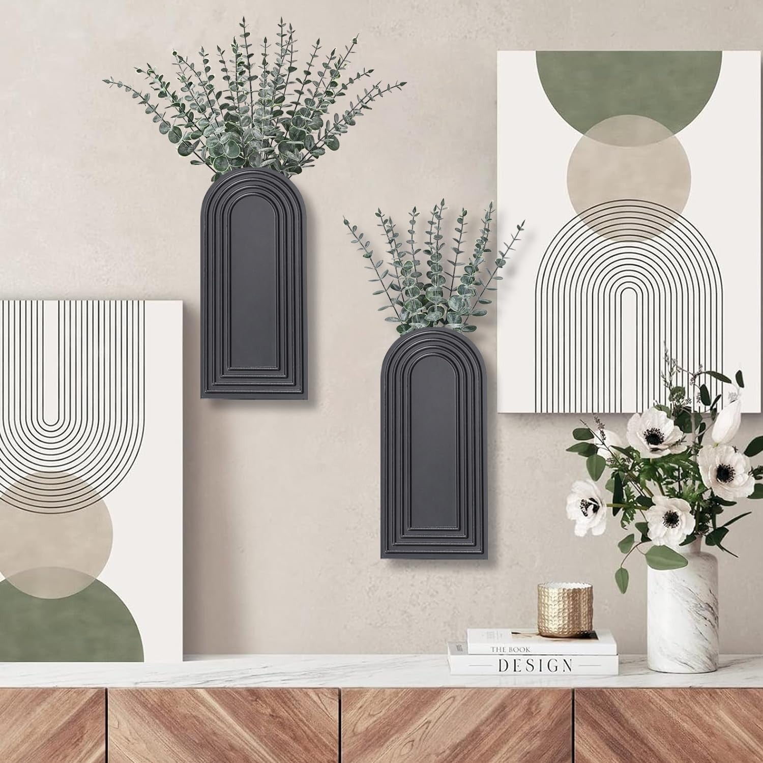 Modern Wall Wood Vase Set of 2 Farmhouse Entryway Hanging Decor