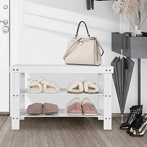 White Bamboo Shoe Storage Bench – 3-Tier Rack & Seat for Entryway 70cm