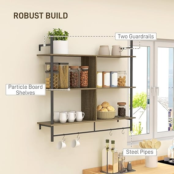 Wall Mounted Ladder Shelf 3-Tier Display Rack with Hooks – Rustic Grey Wood