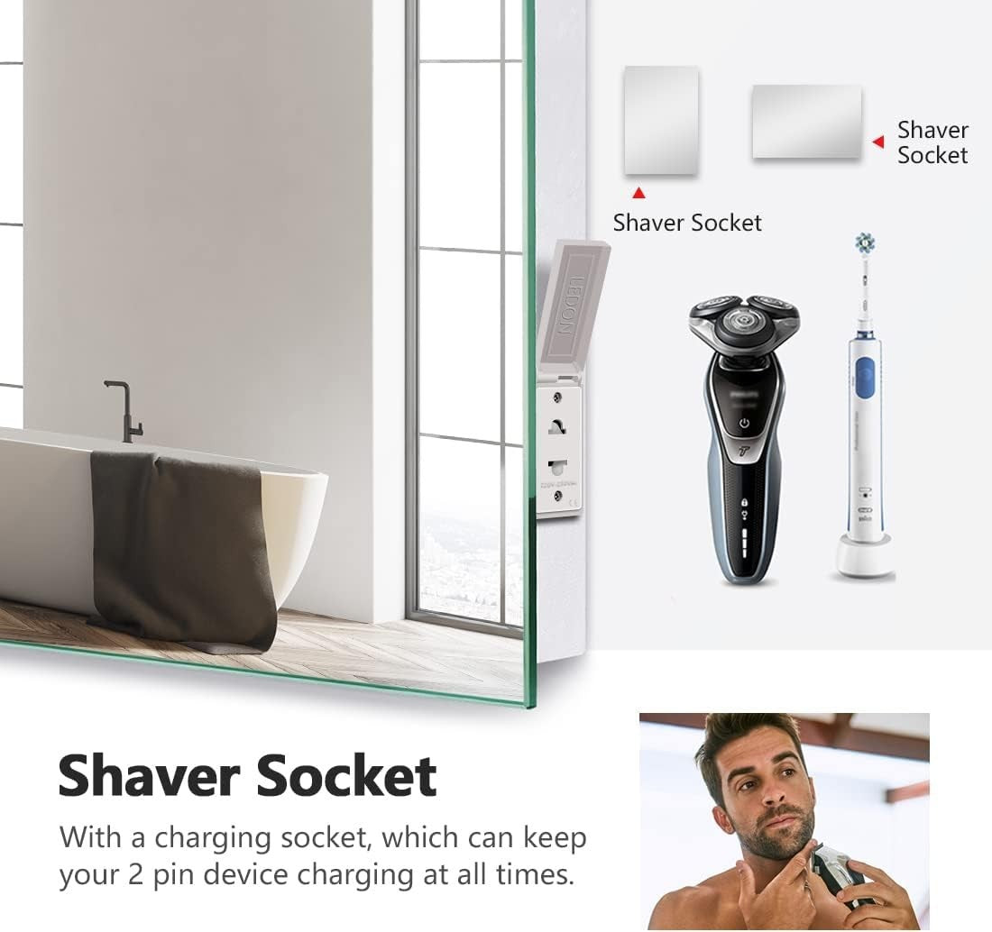 LED Bathroom Mirror 50x70cm Anti-Fog Touch Control Shaver Socket Lighted
