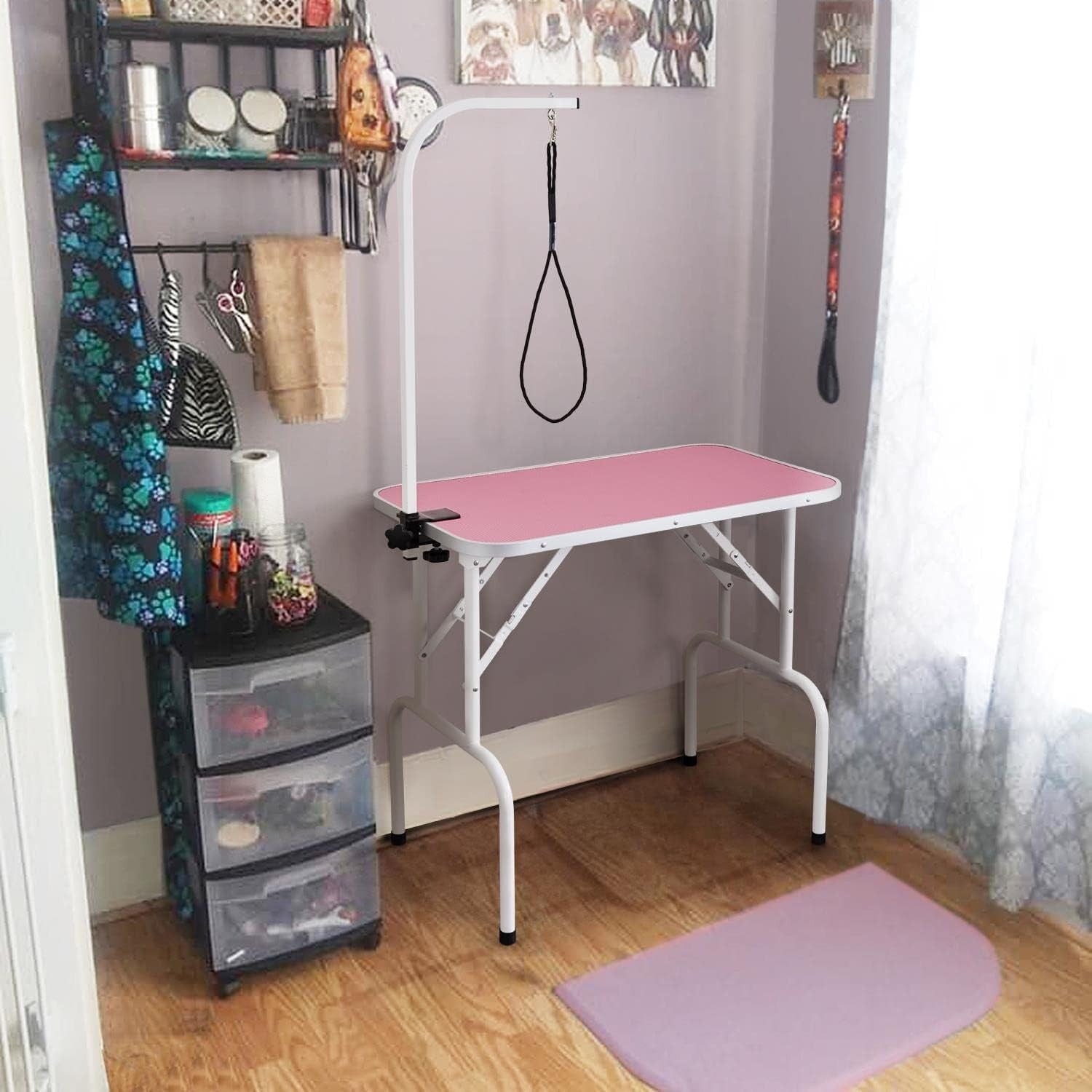 Foldable Dog Grooming Table Adjustable Arm Non Slip Waterproof 100kg Pink