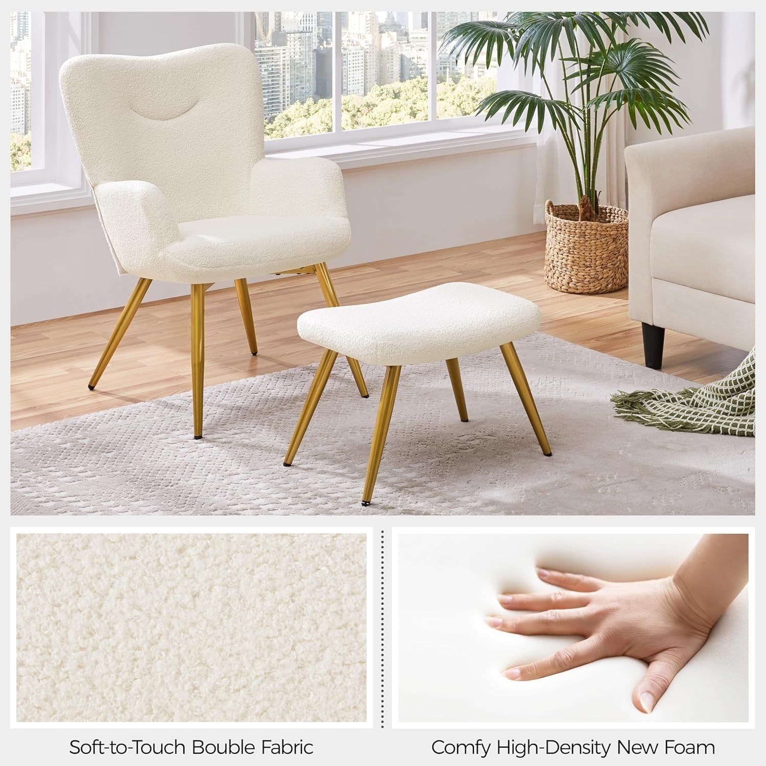 Cozy Ivory Boucle Armchair & Ottoman Set | Plush Lounge Chair with Metal Legs