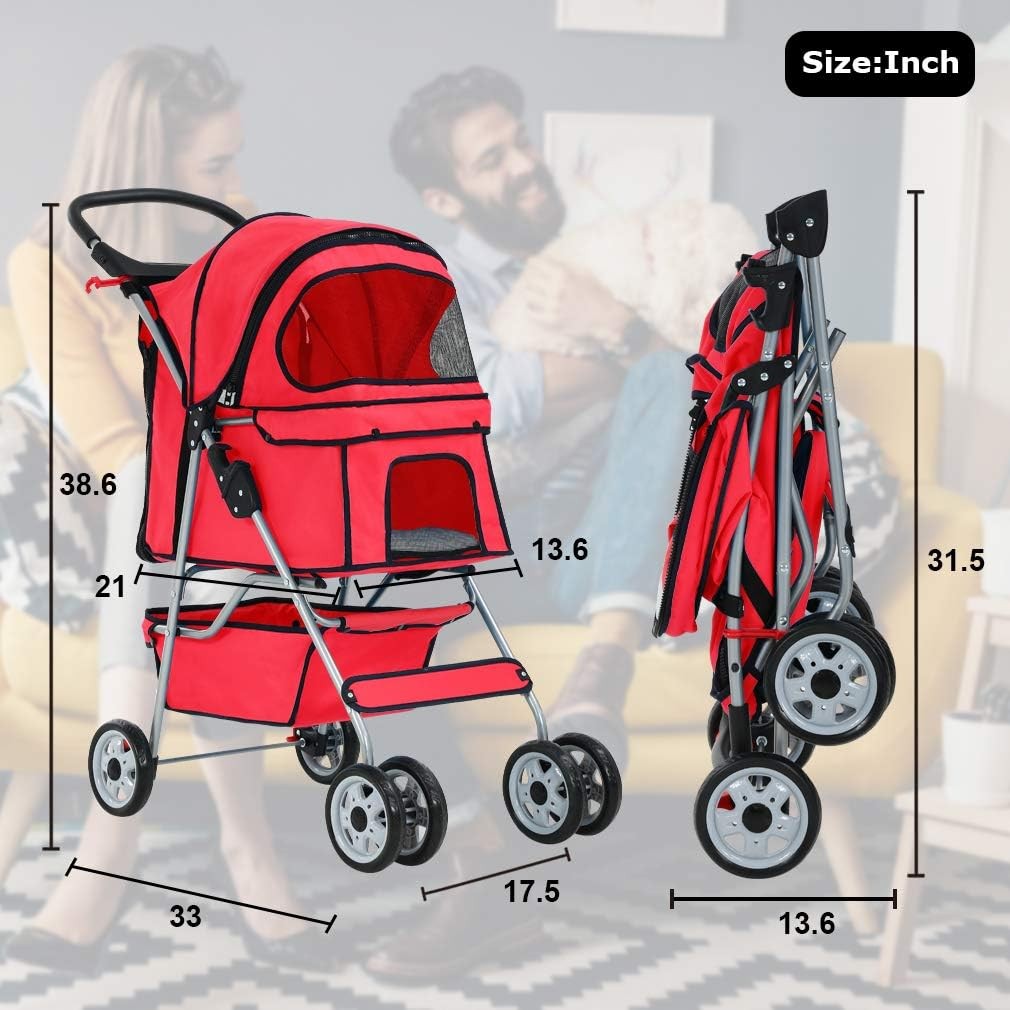 Pet Stroller Dog Cat Pushchair 4 Wheel Foldable Travel Carrier Mesh Red