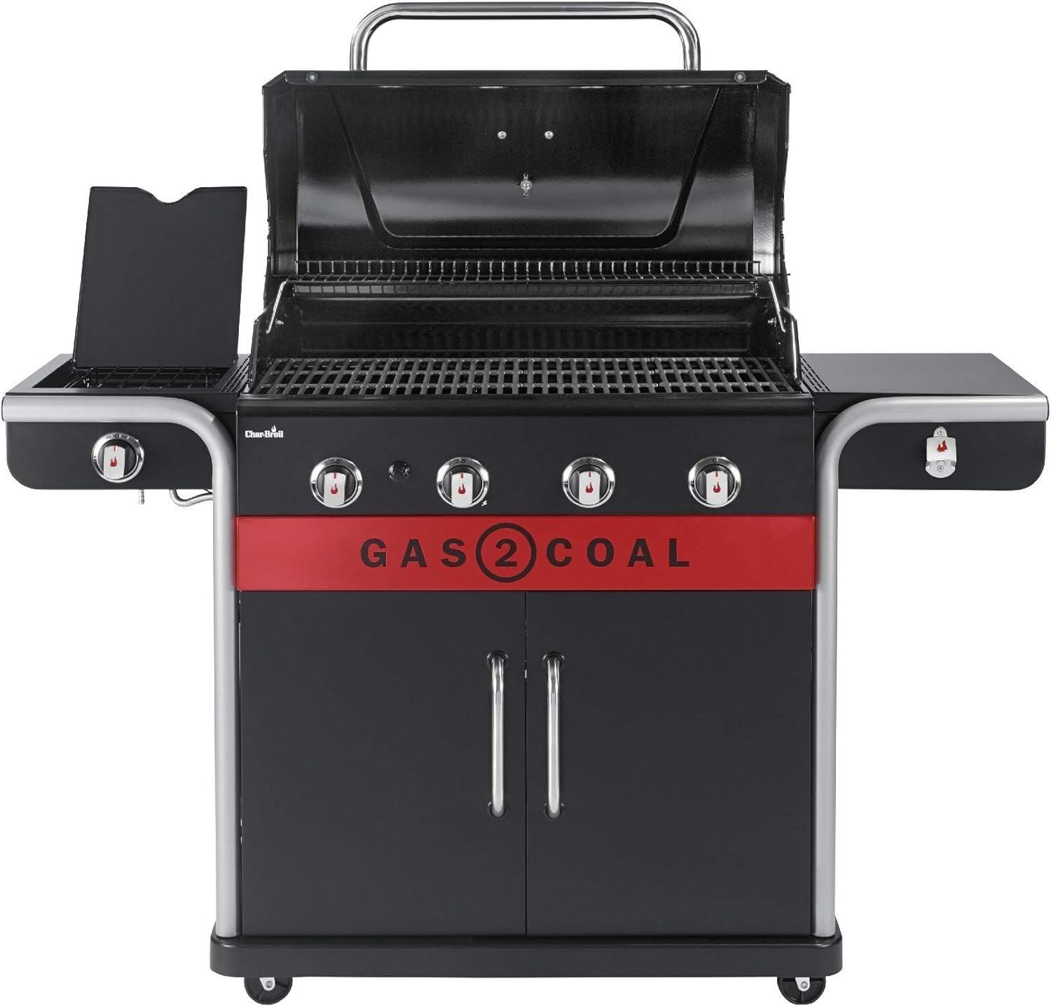 4 Burner Hybrid Gas Charcoal BBQ Grill Outdoor Family Barbecue with Side Shelves