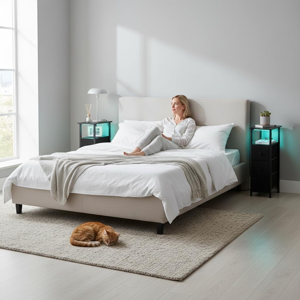 Slim LED Bedside Tables Set of 2 with USB Charging, 3 Drawers & Storage Shelf