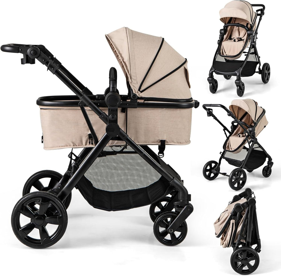 2 in 1 Baby Pushchair Travel Foldable Lightweight Reversible Stroller Beige