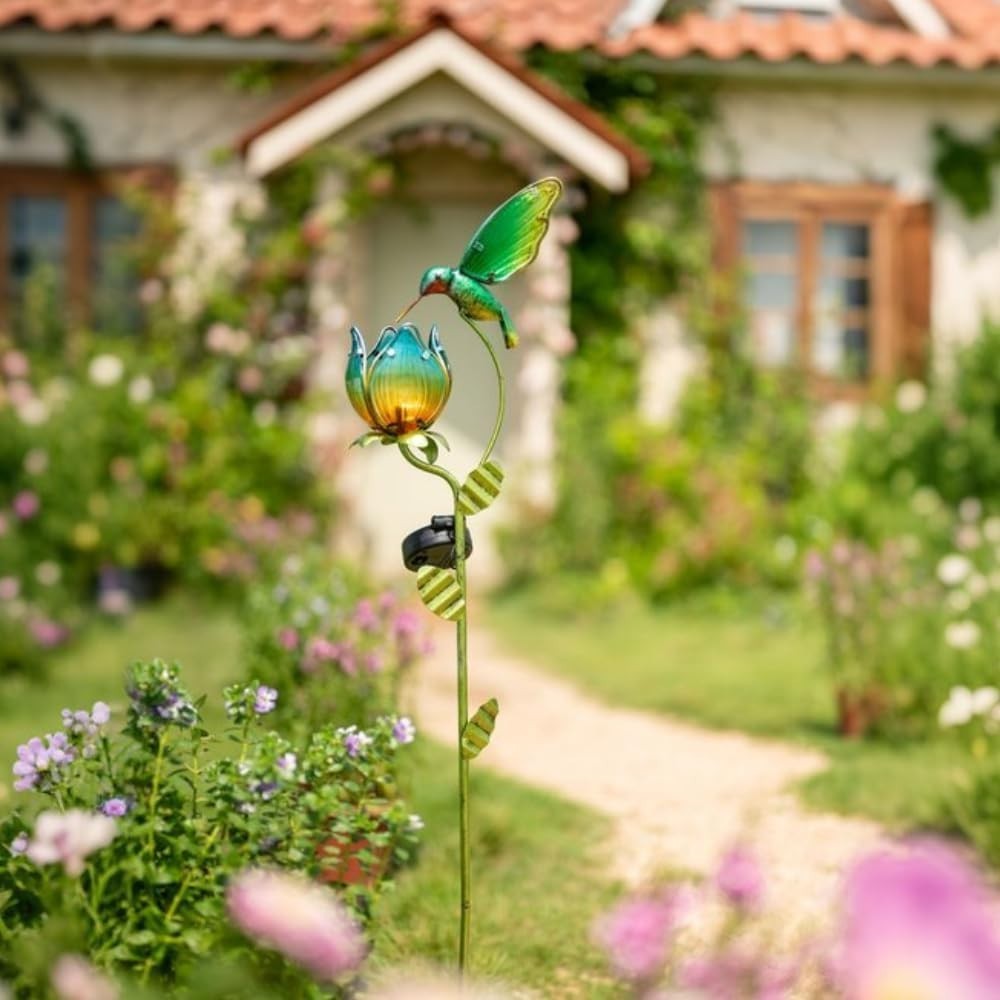 Solar Hummingbird & Tulip Garden Light Large Glass LED Outdoor Yard Stake 41in