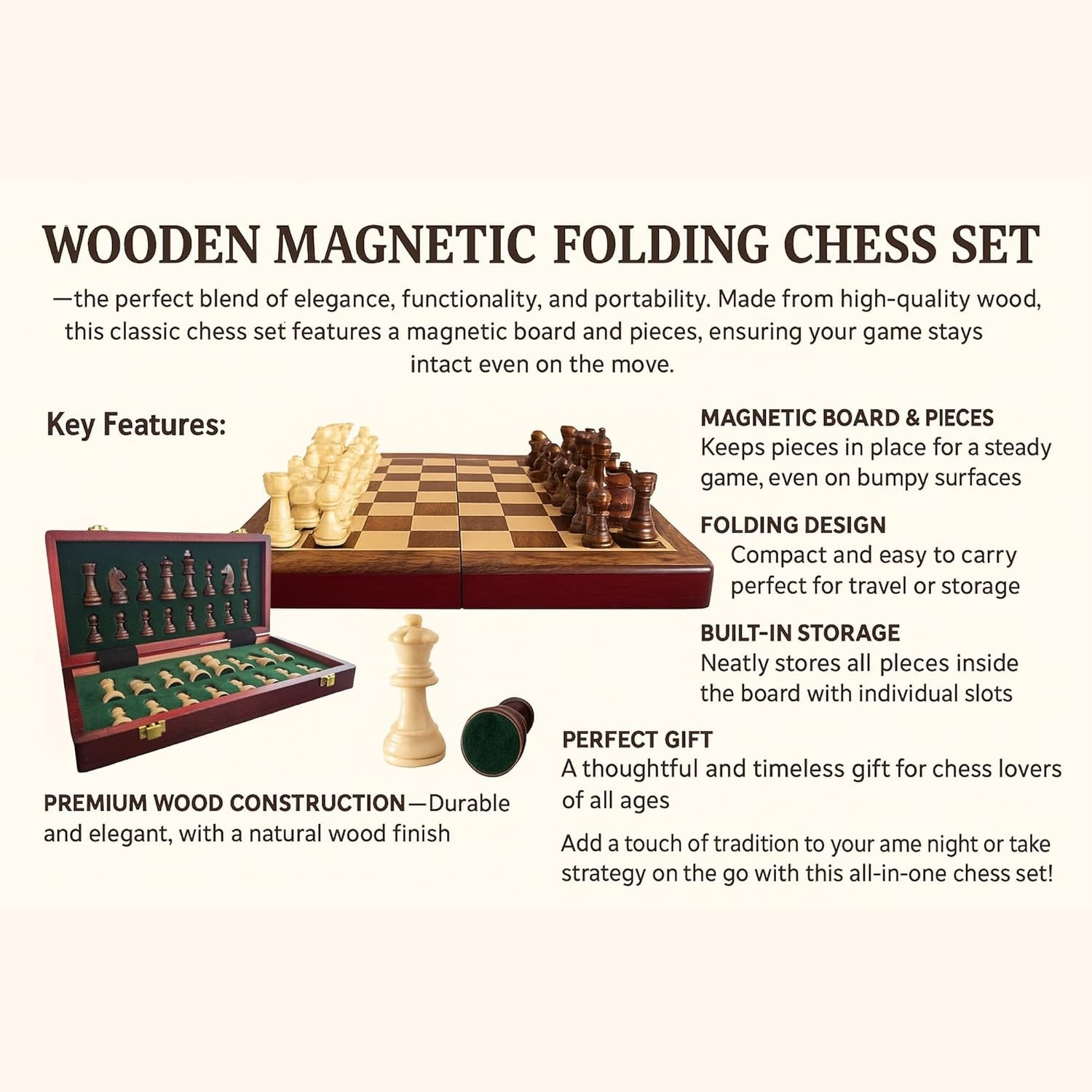 Magnetic Folding Wooden Chess Set 10" | Travel Chess Board with Storage Box