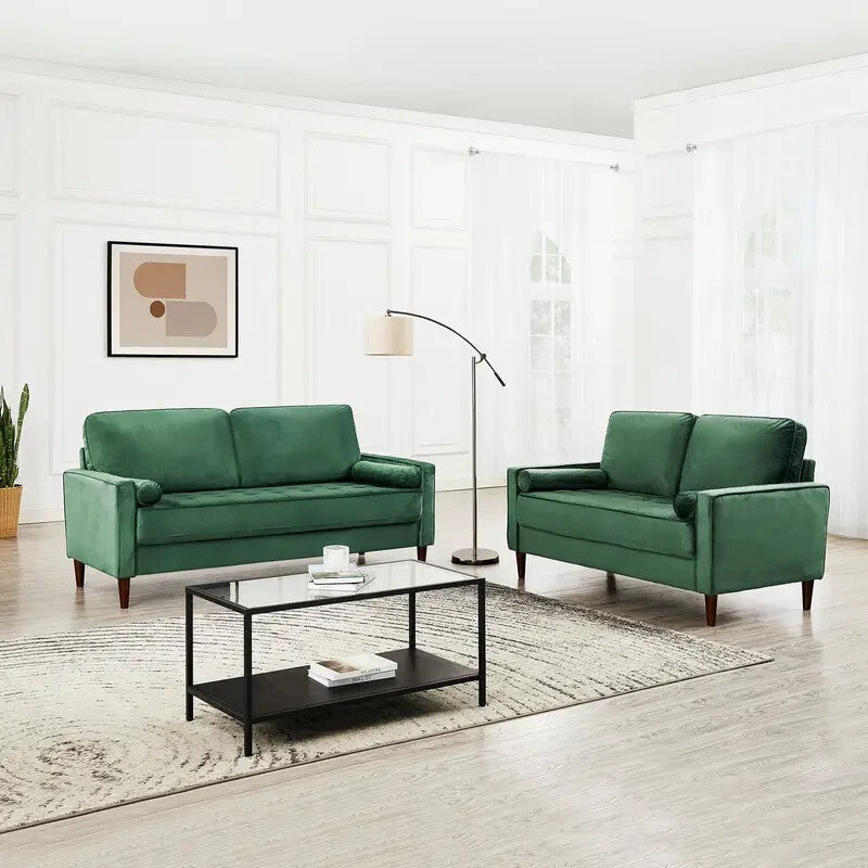 Green Velvet 3 Seater Sofa Modern Couch with Bolster Cushions & Wood Legs