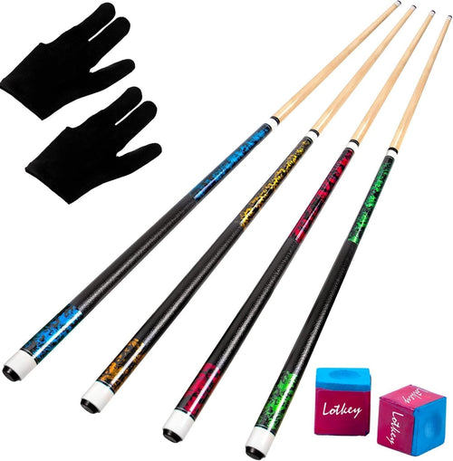 58in Pool Cue Set Canadian Maple 4 Cues 13mm Tip Leather Grip 18–21oz