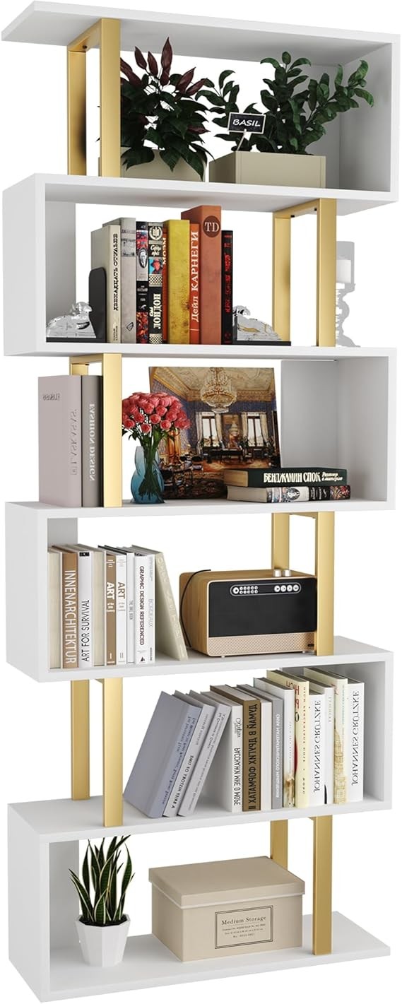 Modern 6-Tier S-Shaped Bookshelf Gold & White Tall Display Storage Unit