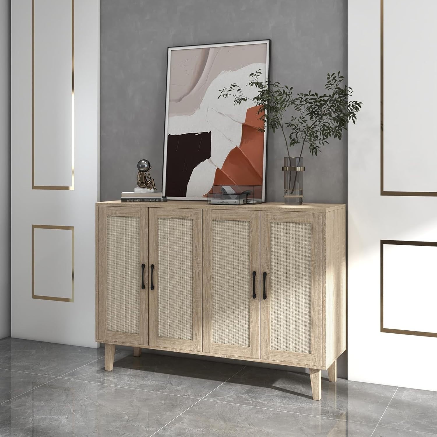 Natural Wood Buffet Storage Cabinet with Rattan Doors Adjustable Shelves
