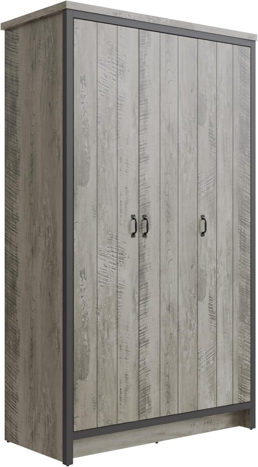 3 Door Grey Wardrobe Hanging Rail Shelves Bedroom Storage Cupboard