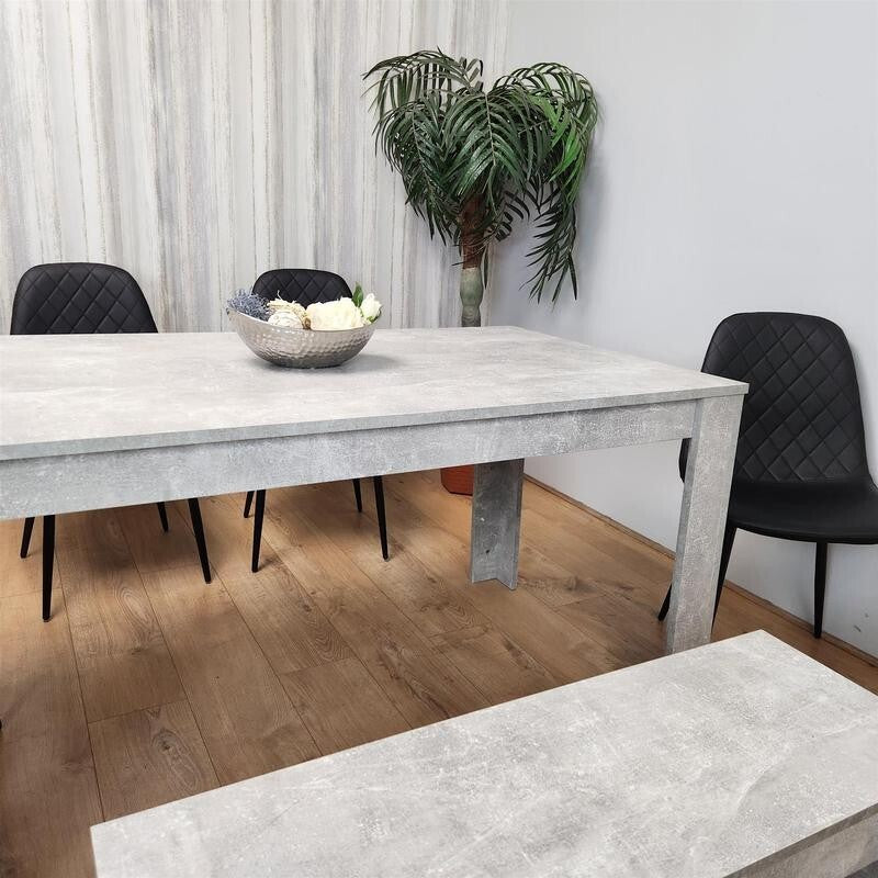 6 Seater Dining Table Set with Bench Grey Stone Effect Wood & Black Chairs