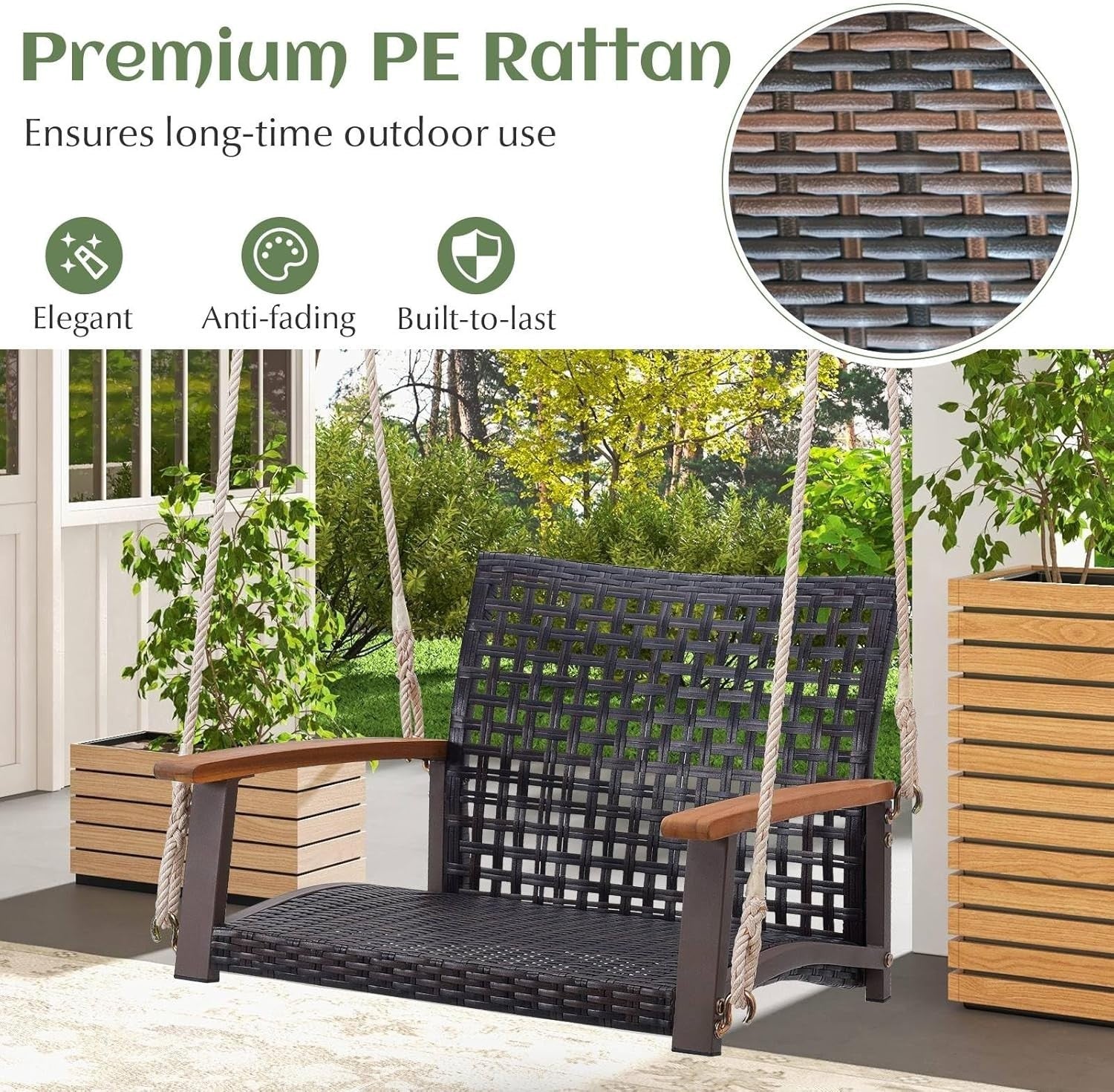 Outdoor Rattan Hanging Swing Chair with Armrests Heavy Duty Patio Seat