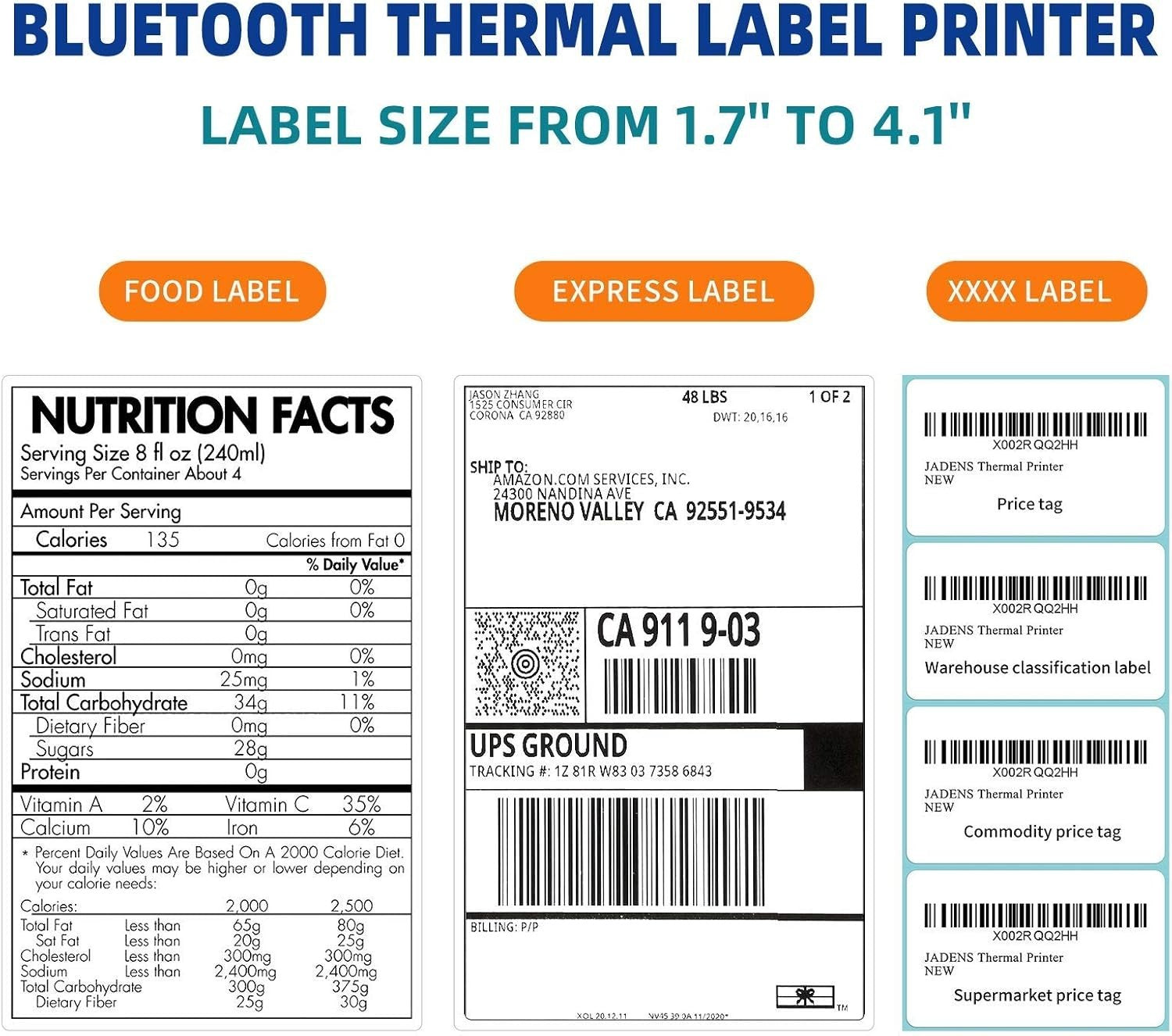 White 4x6 Bluetooth Thermal Label Printer, Wireless Shipping, Portable