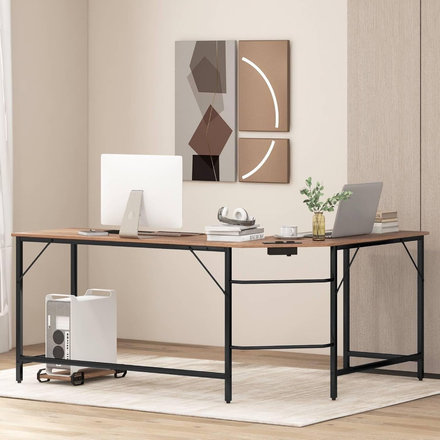 Natural L-Shaped Desk 168cm Corner Computer Table with CPU Stand Office