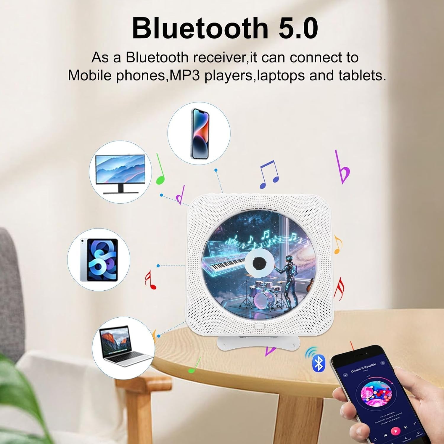 Portable Bluetooth CD Player Wall Mount HiFi Speakers FM USB TF Remote