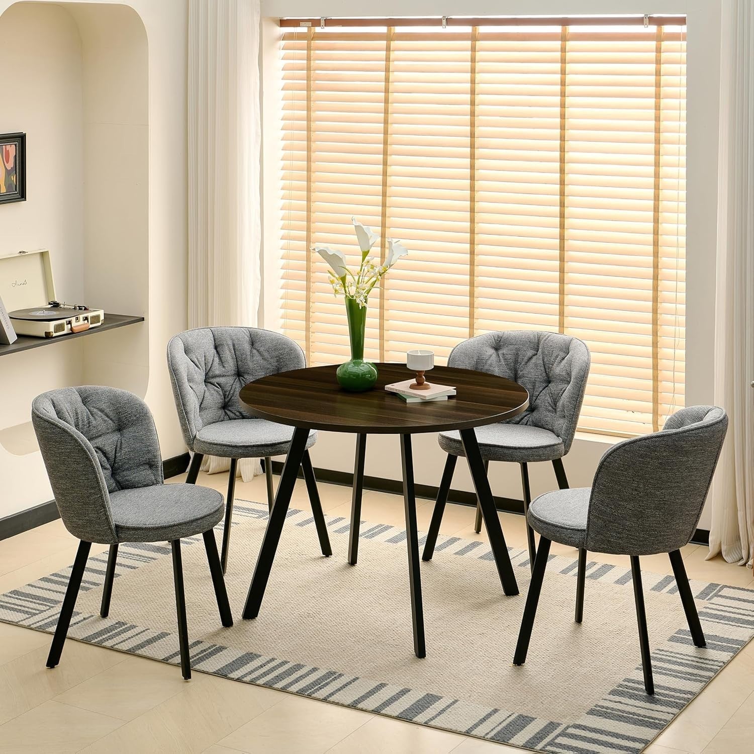4 Grey Linen Dining Chairs & Round Dark Walnut Table Set for Kitchen Room