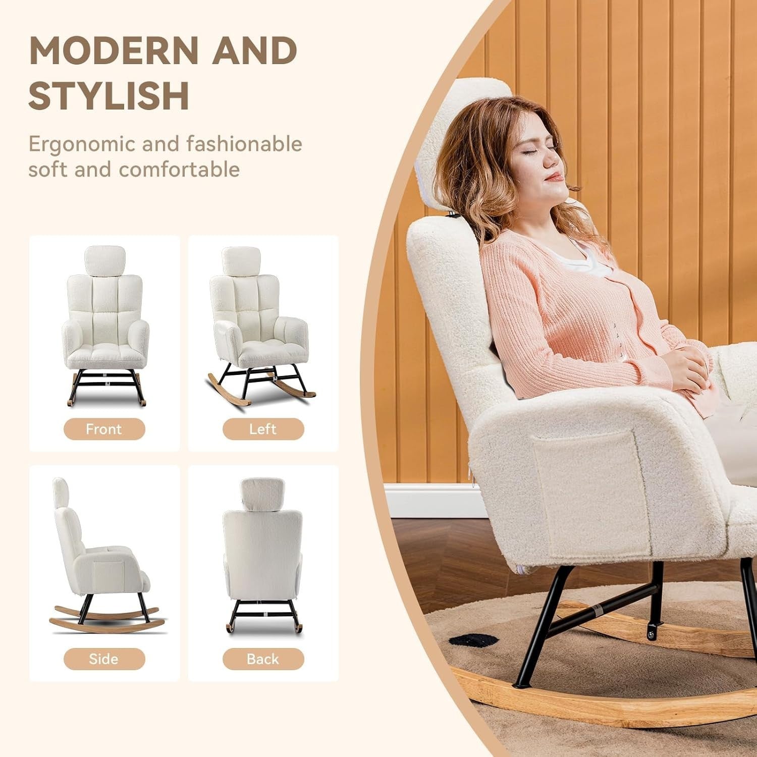 Comfortable Rocking Chair with Adjustable Headrest & Soft Faux Fur Upholstery