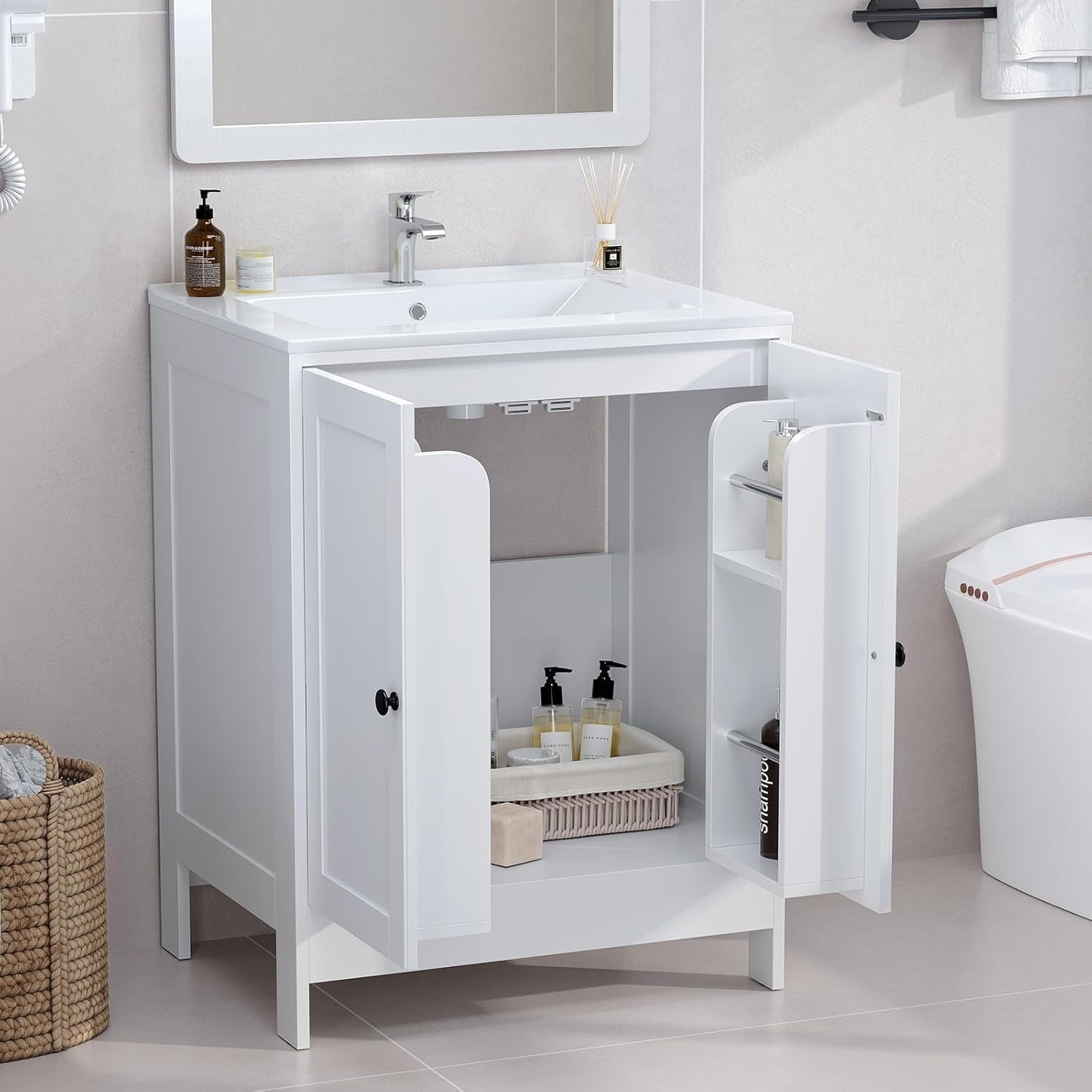 White Under Sink Bathroom Cabinet | 61x45x85cm Wooden Storage Unit 2 Doors