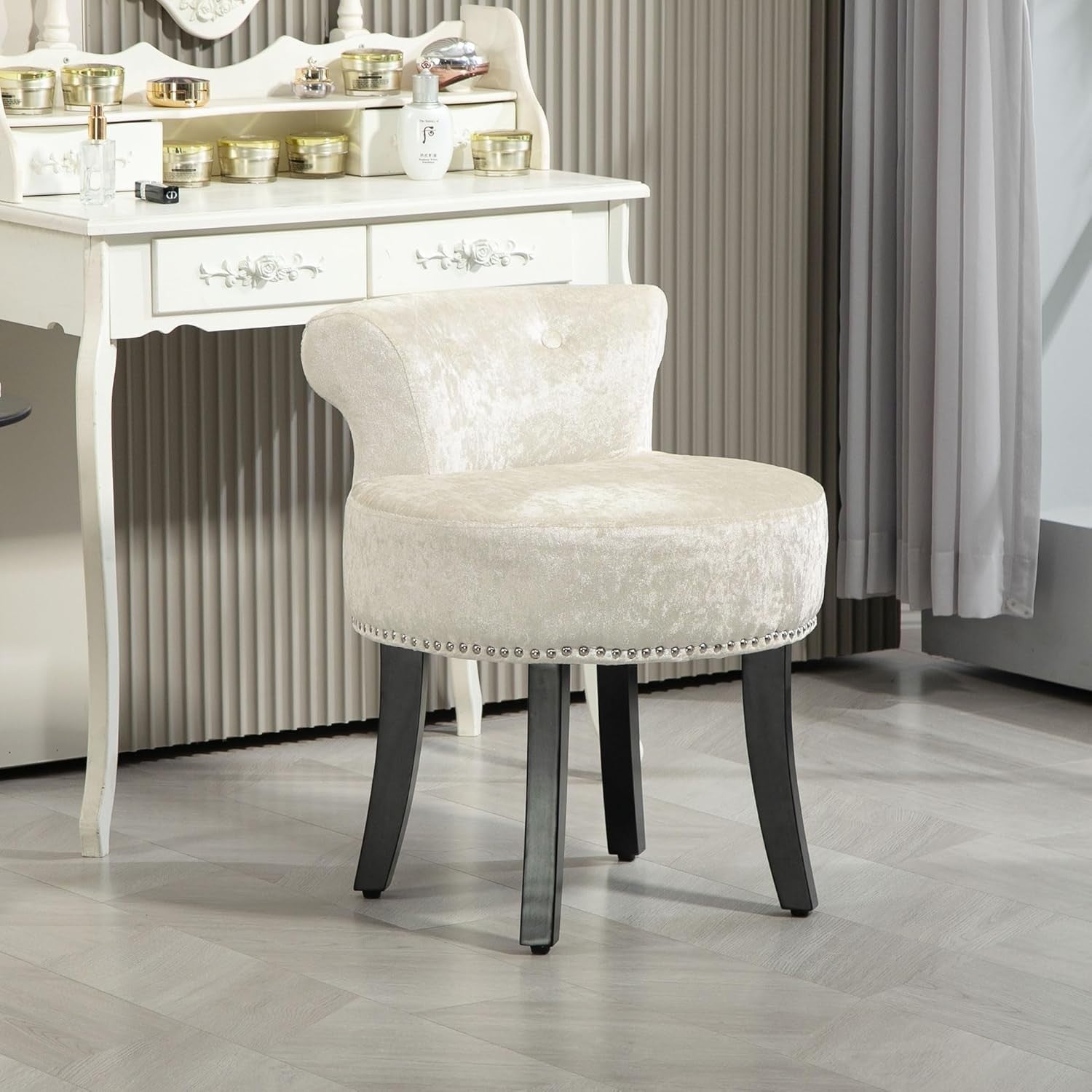 Beige Ice Velvet Dressing Table Stool Rubber Wood Legs Padded Vanity Seat