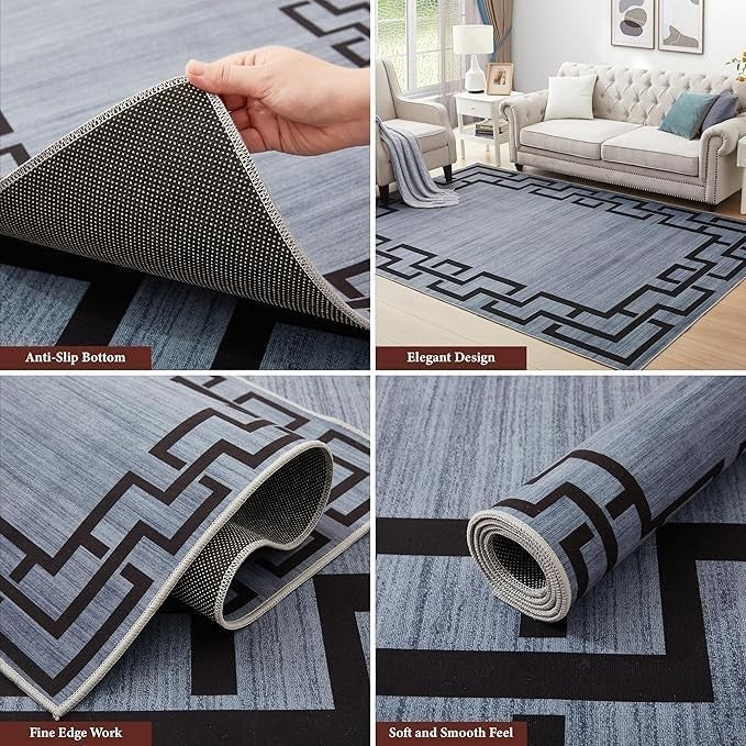 Large Greek Key Rug 200x290cm Soft Grey Modern Non-Slip Area Carpet Living Room