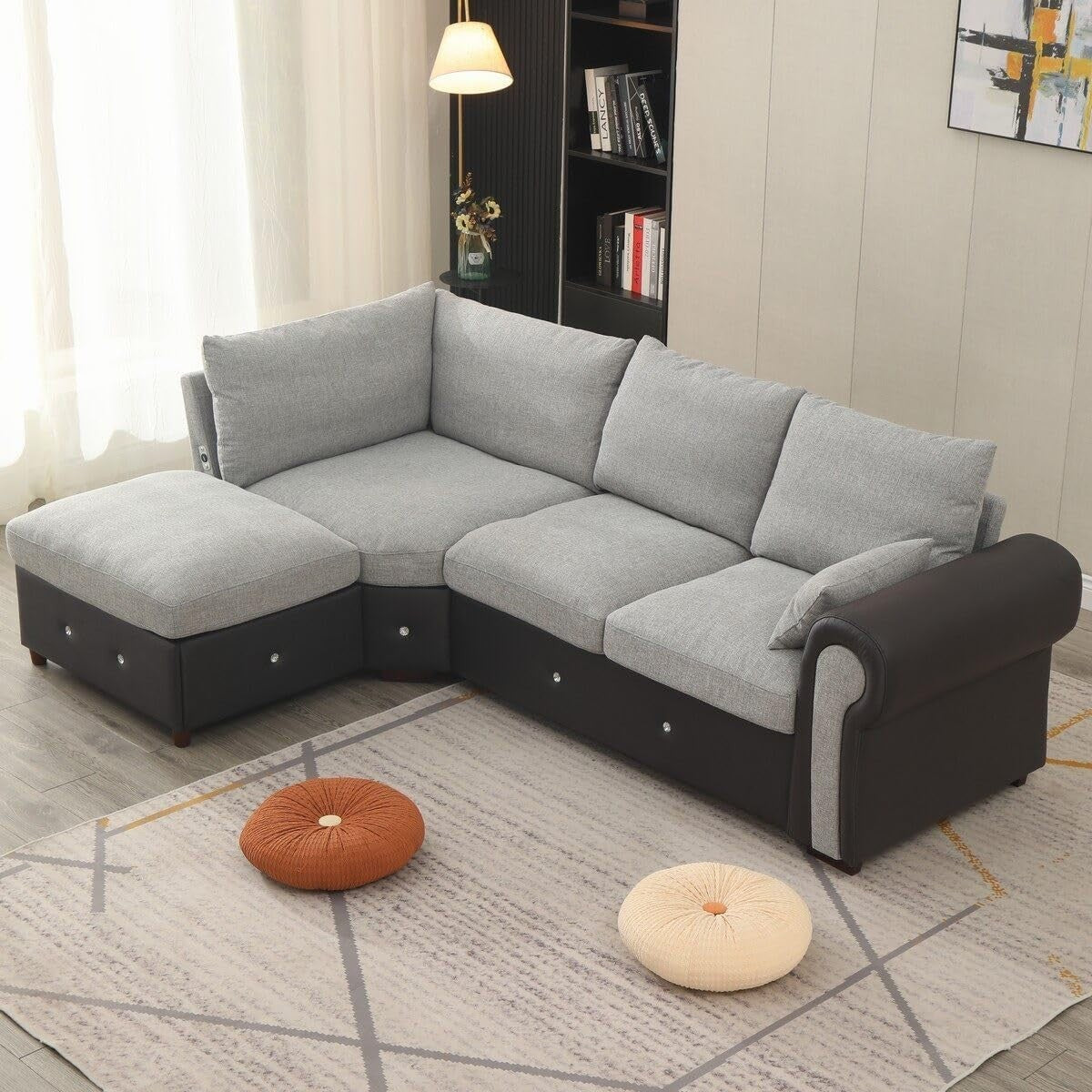 4 Seater Corner Sofa with USB Port & Chaise – Faux Leather Linen, Sturdy Frame