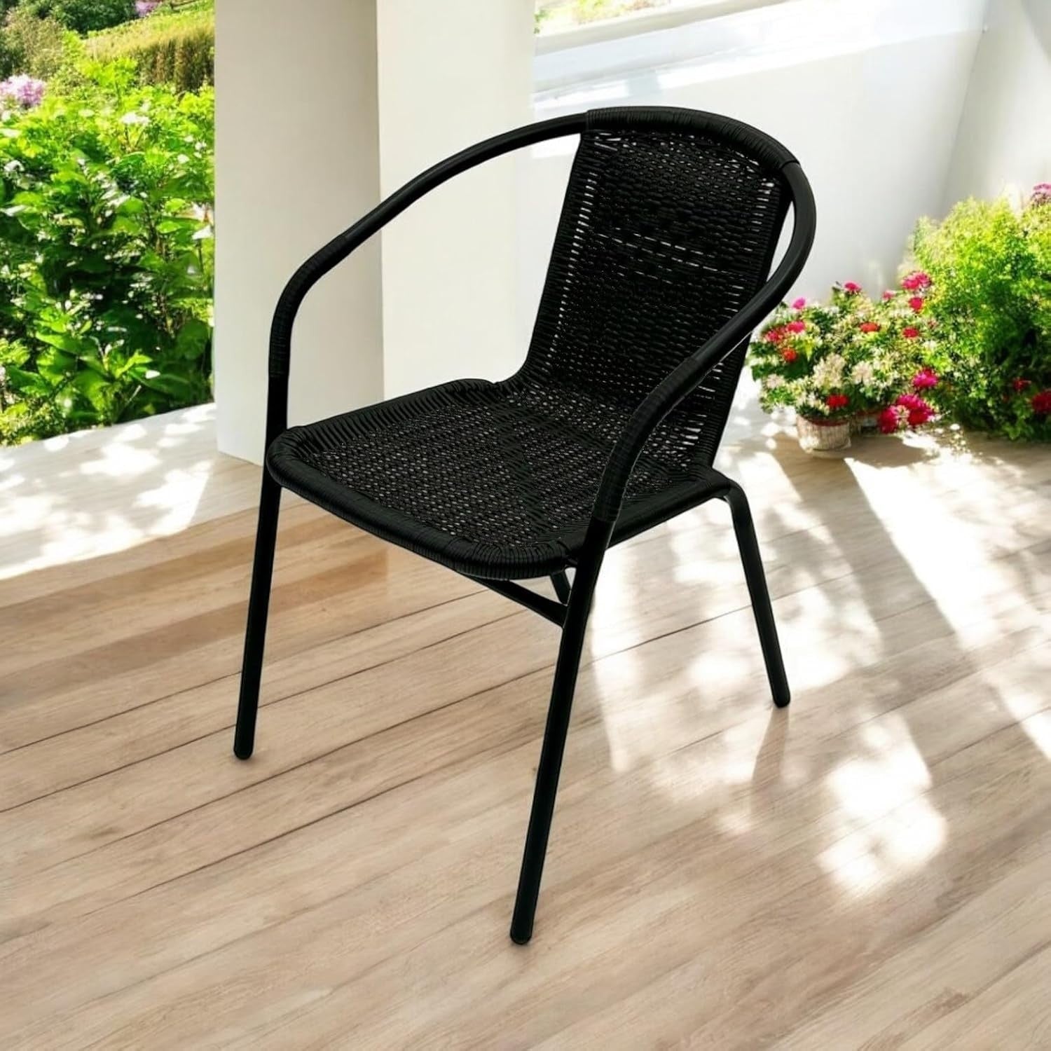 Black Rattan Garden Chair Stackable Bistro Patio Cafe Outdoor Seating