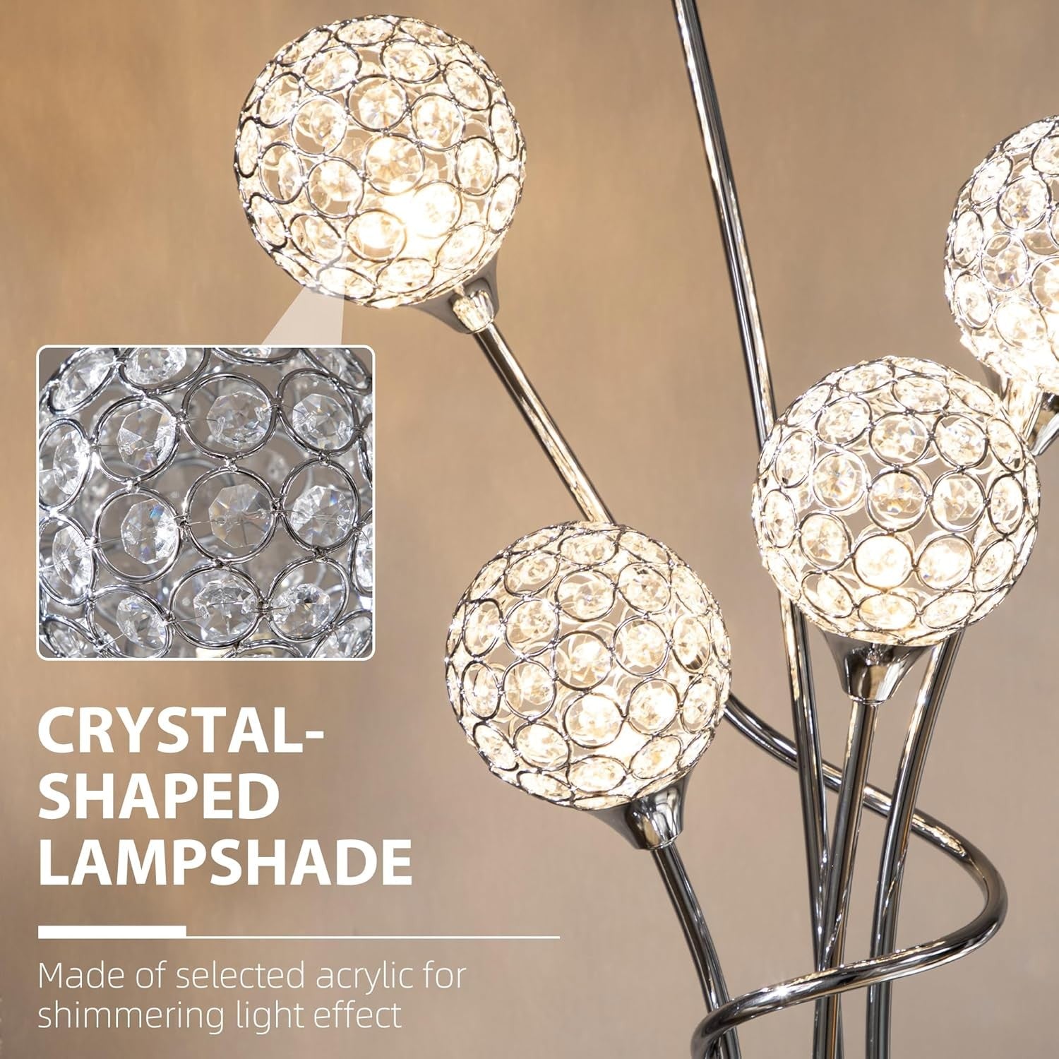 5 Light Floor Lamp Silver Standing Modern Crystal Shade Living Room Bedroom