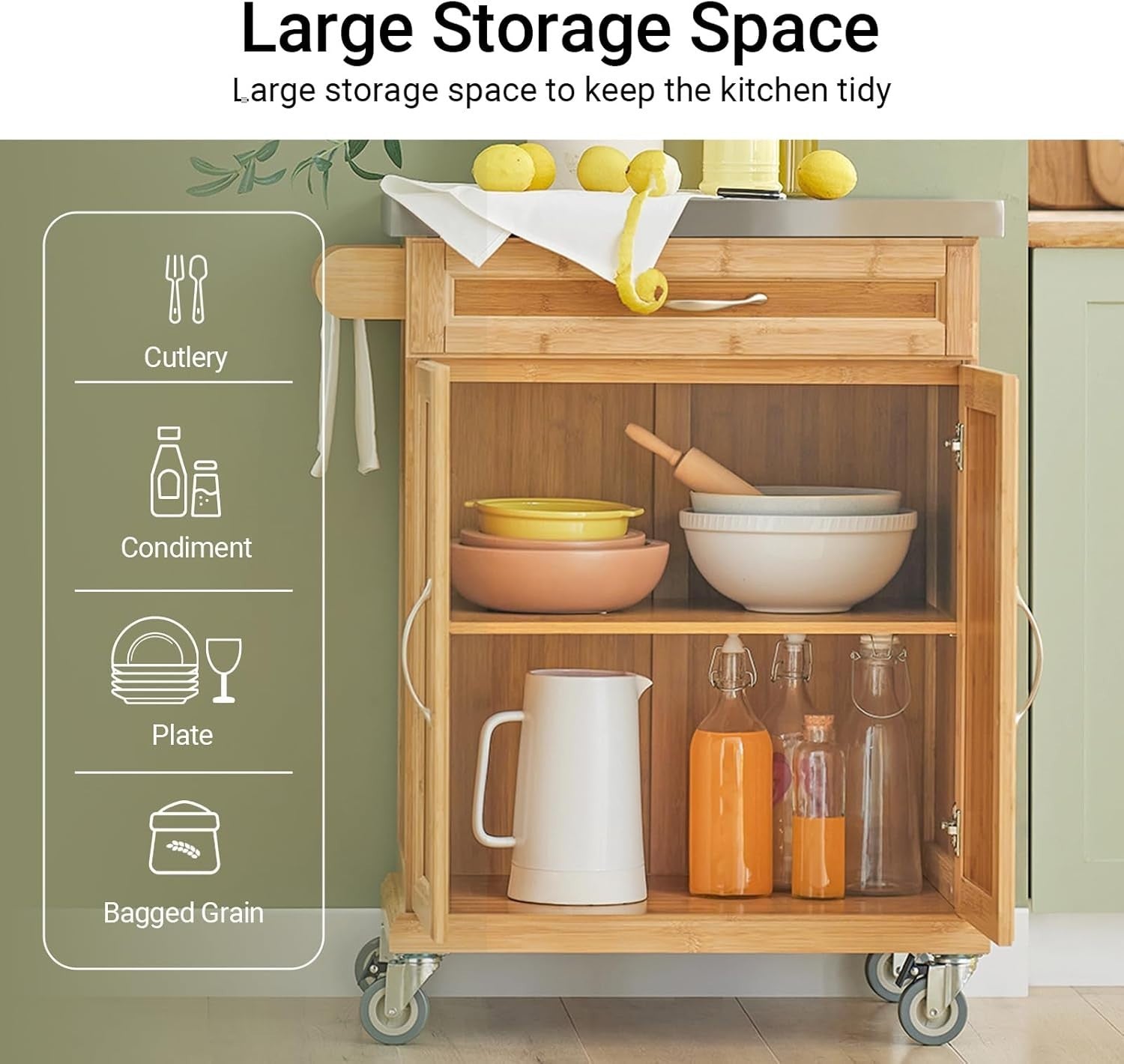 Bamboo Kitchen Trolley Stainless Steel Top Storage Cart