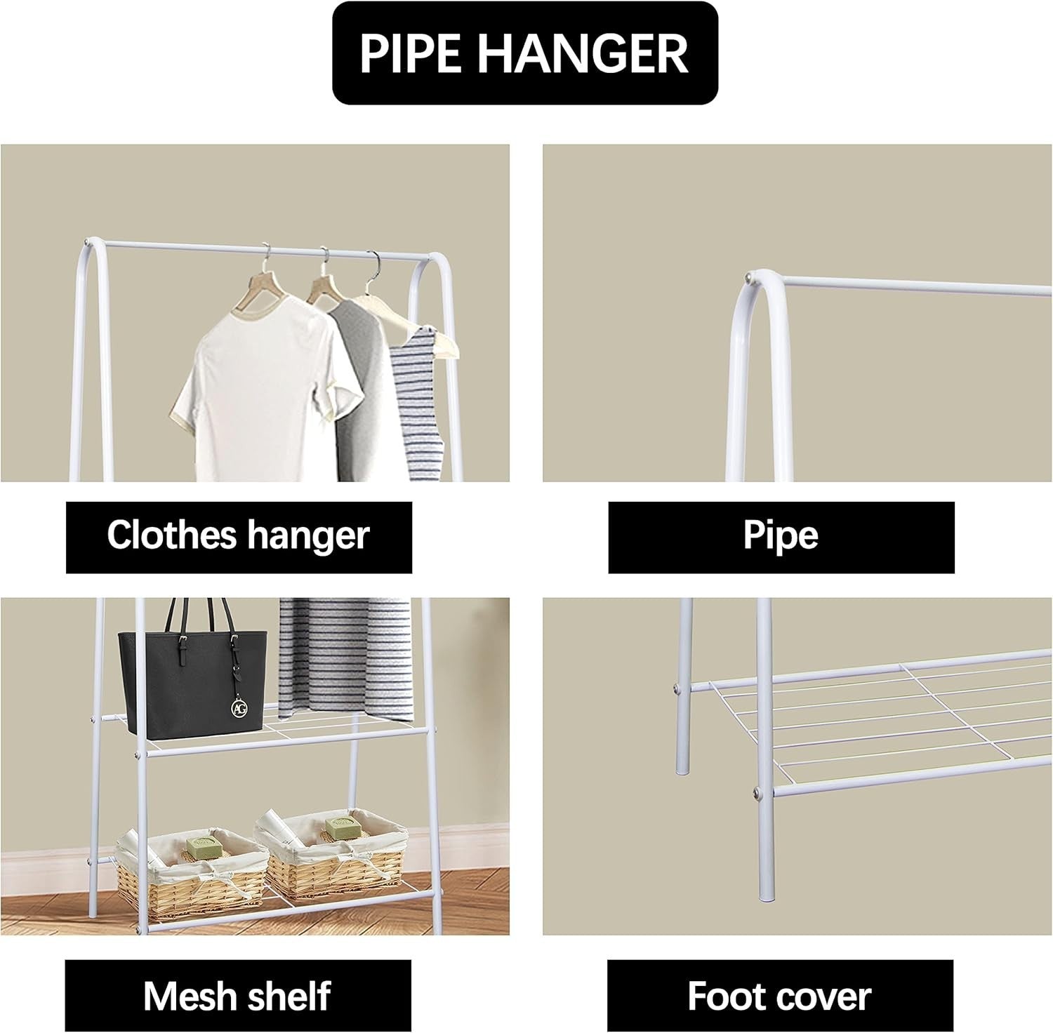 White Clothes Rail Stand with Metal Shelf 1.5m Space Saver