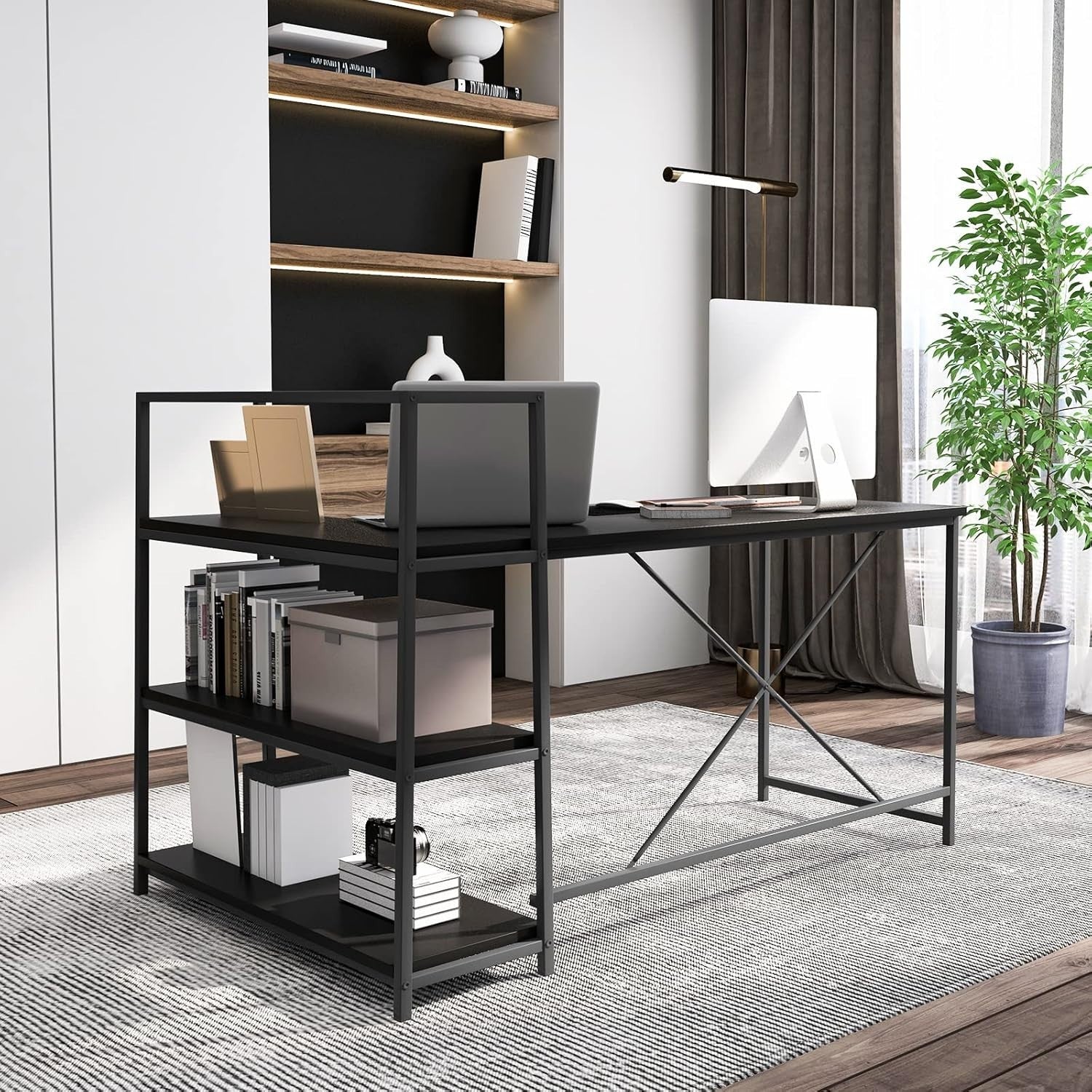 Modern Black L-Shaped Computer Desk with Reversible Shelves & Metal Frame