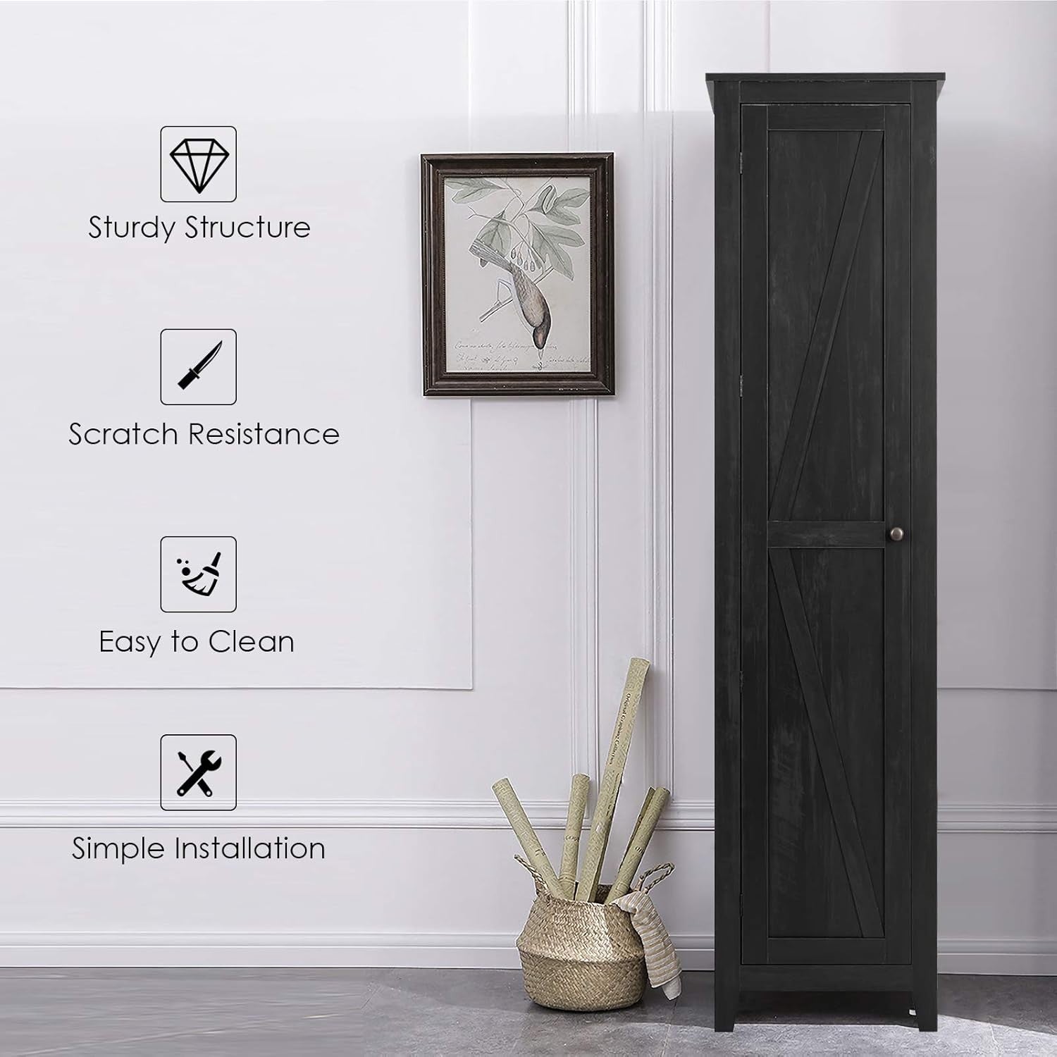 Tall Bathroom Storage Cabinet with 4 Shelves, Magnetic Door & Raised Feet
