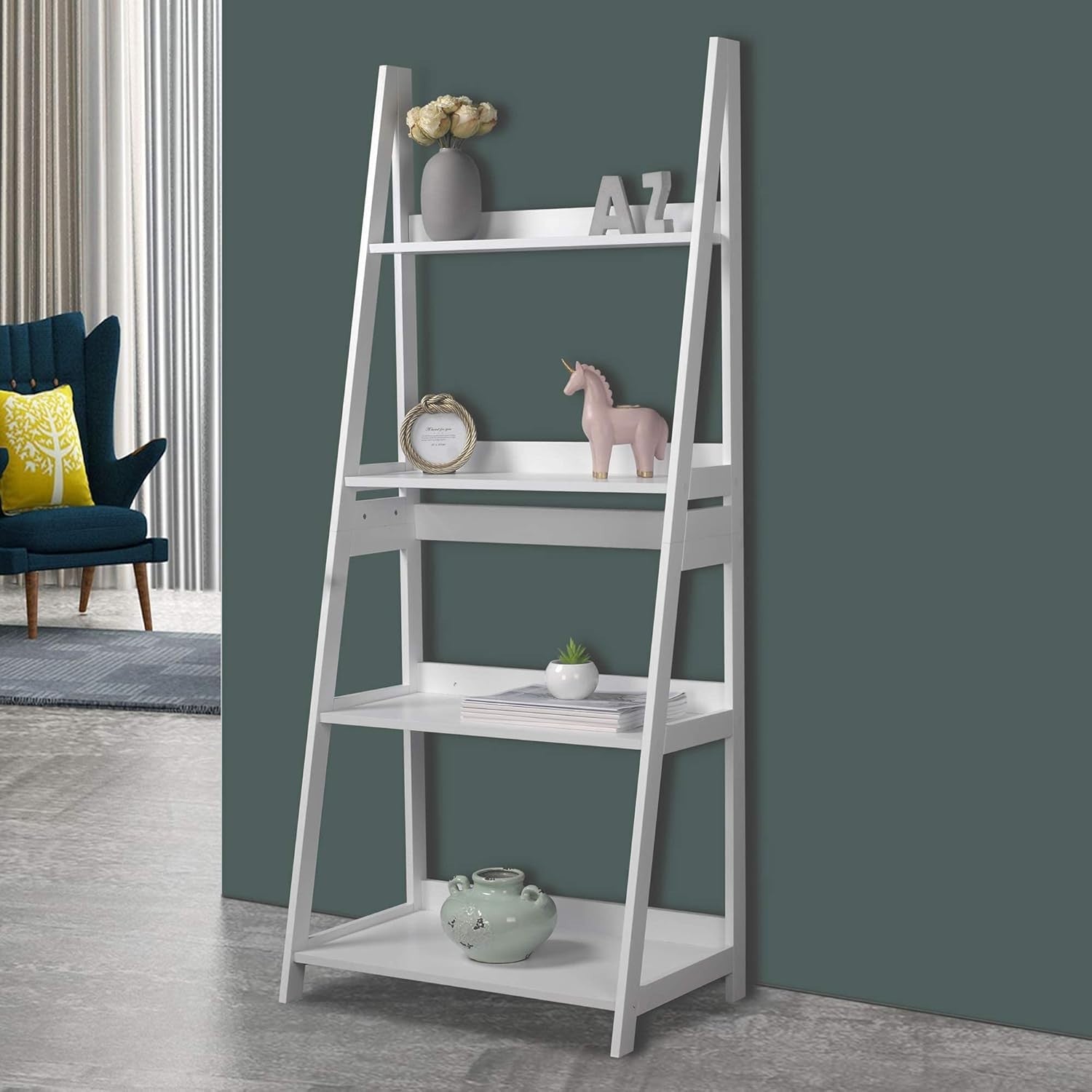 4 Tier Wooden Ladder Shelf Storage Display Unit Bedroom Living Room White