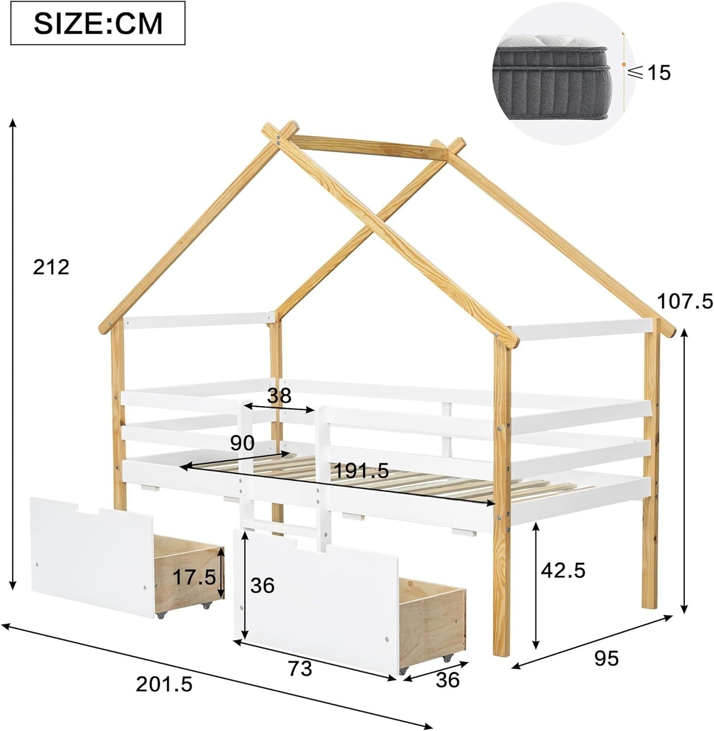 Kids Cabin Bed 3FT with Ladder & 2 Storage Drawers White Natural 90x190cm