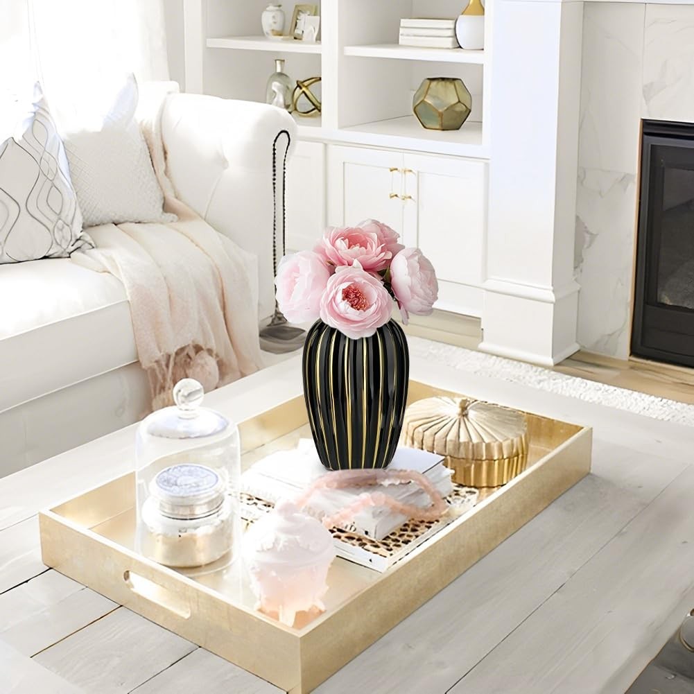 Black Gold Ribbed Ceramic Vase Luxury Floral Table Home Décor 8.2 Inch