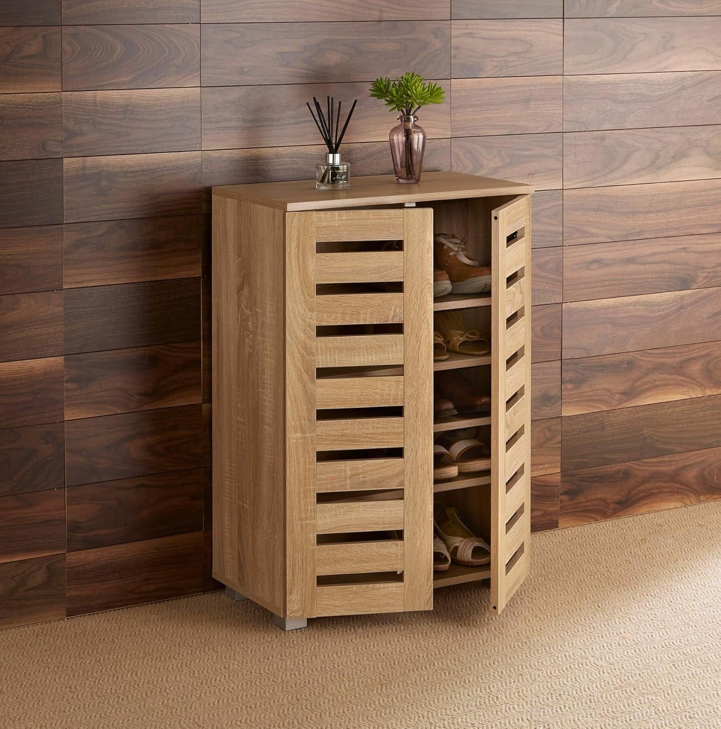 2-Door Wooden Shoe Cabinet with 5 Shelves, 60x33x87 cm Oak