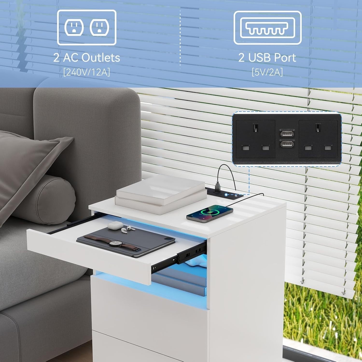 Set of 2 White LED Bedside Tables with USB Charging Station & Drawers