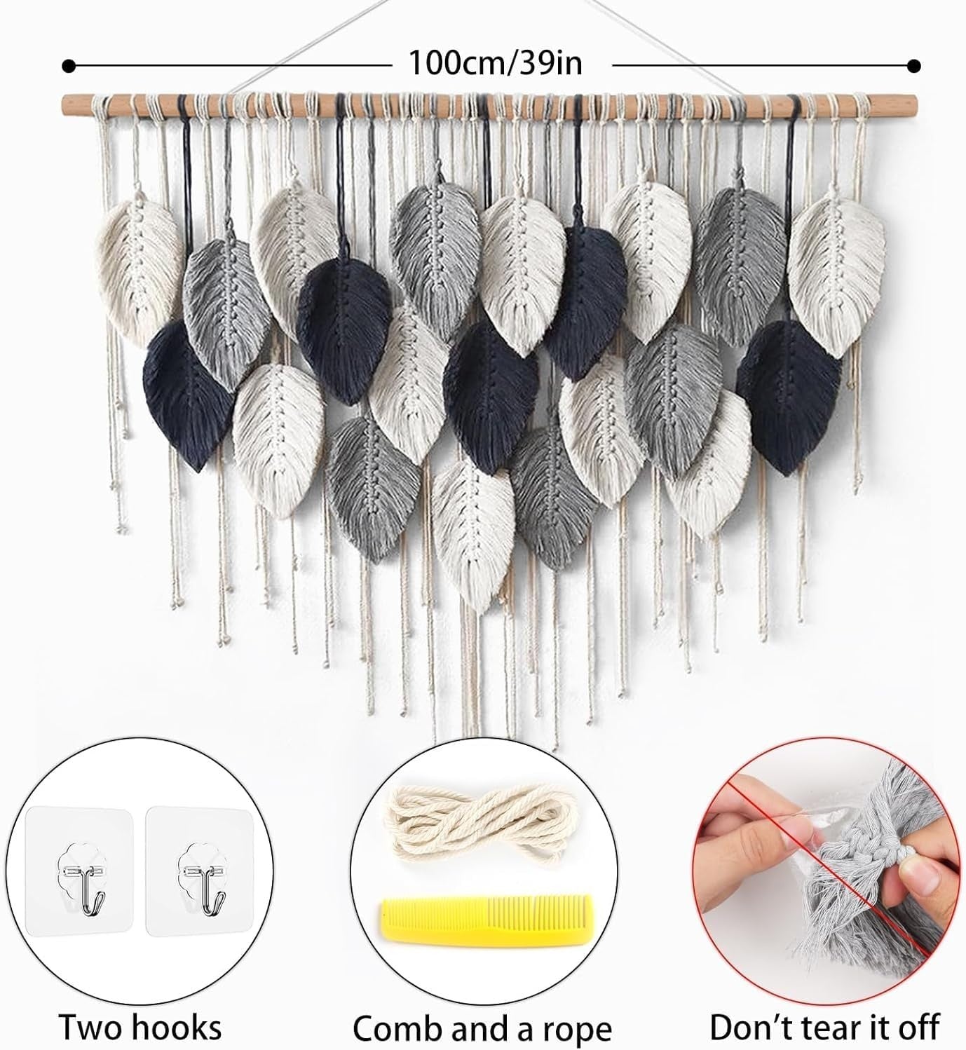 Large Boho Macrame Wall Hanging Leaf Woven Decor Blue