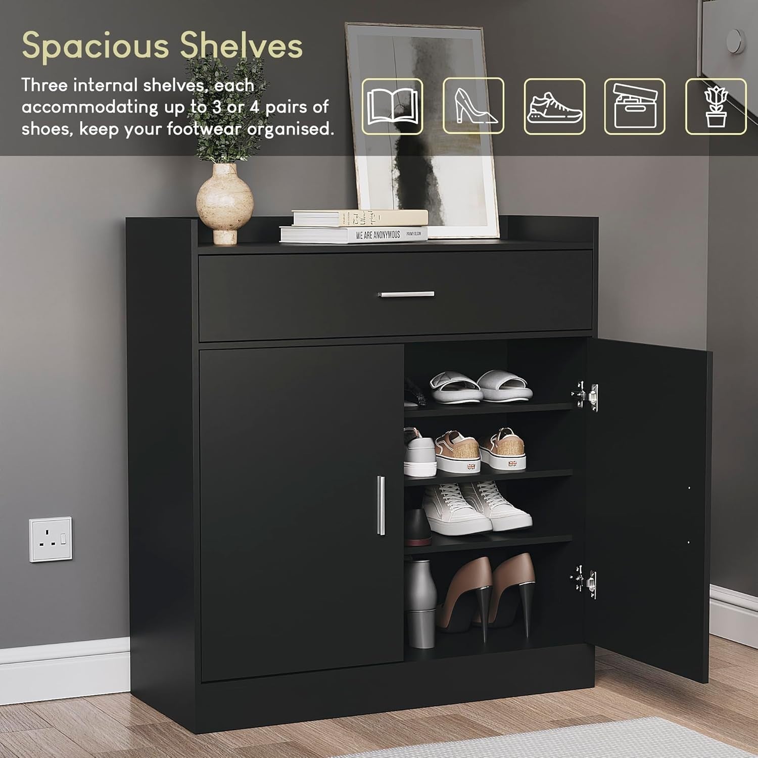 Modern Black Shoe Cabinet Hallway Cupboard with Drawer 82x34x90cm