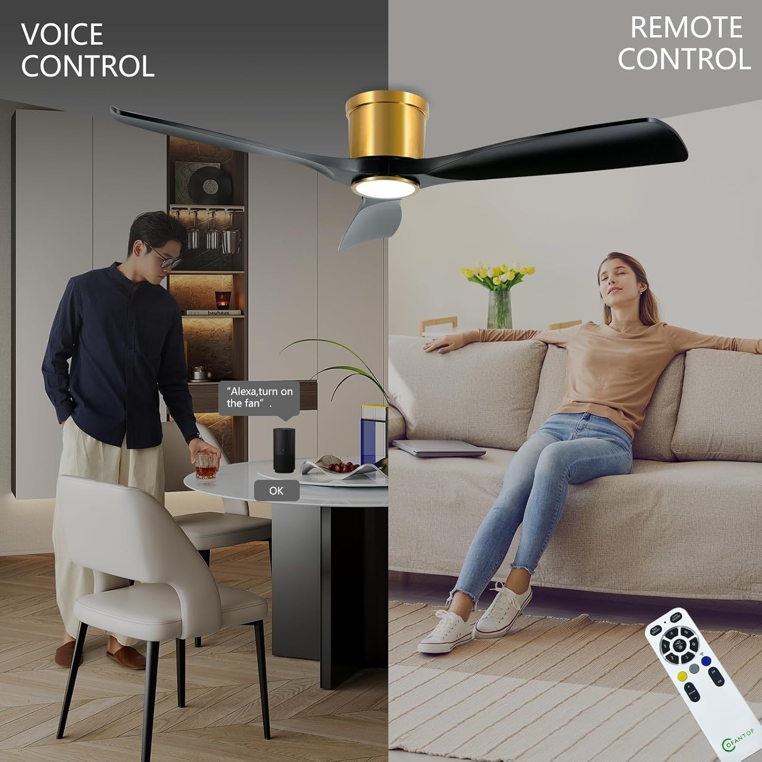 OFANTOP 132CM Ceiling Fan with Light, 3-Blade, 6-Speed, Remote, Black Gold