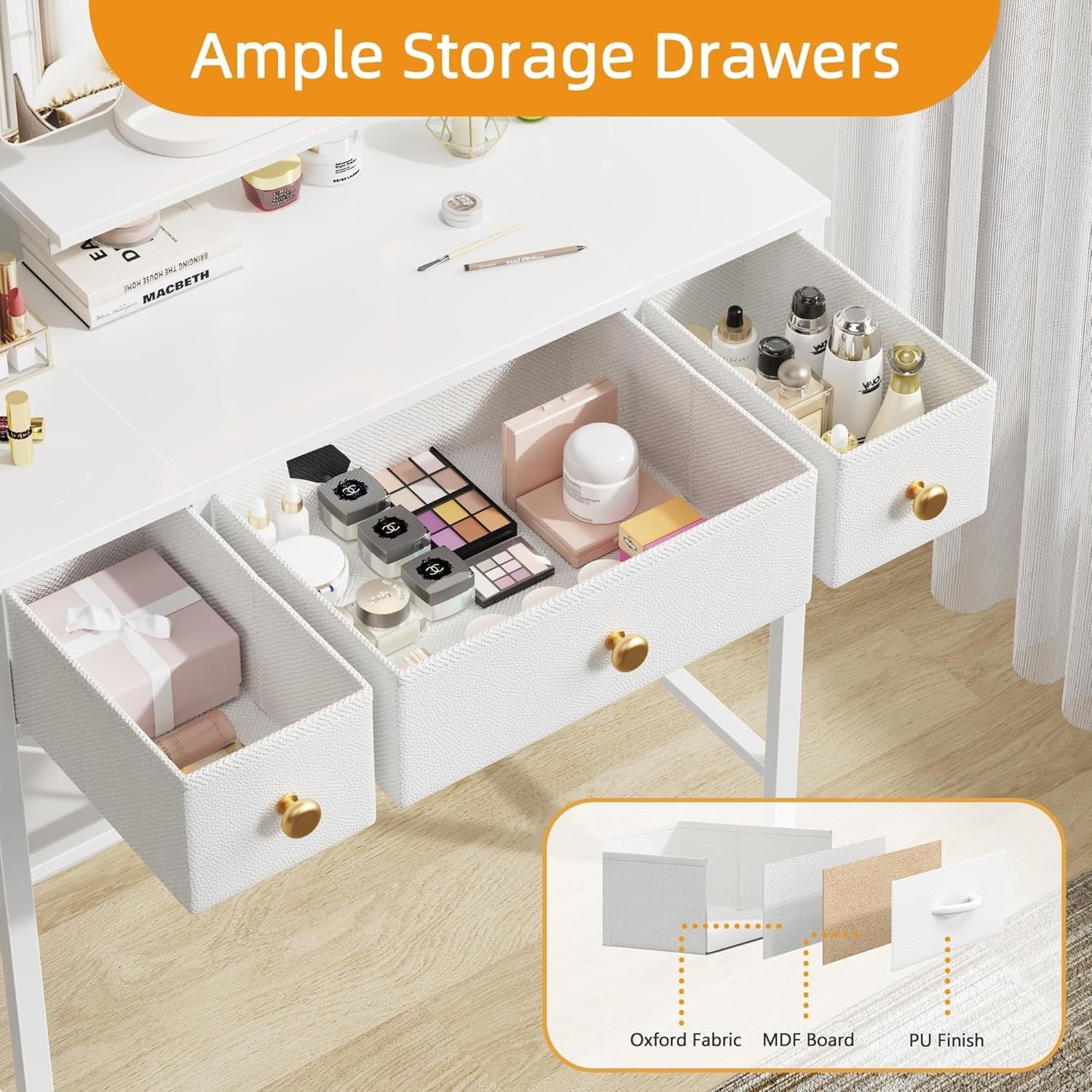 Vanity Makeup Dressing Table Desk 3-Fold LED Mirror Adjustable Height 3 Drawers